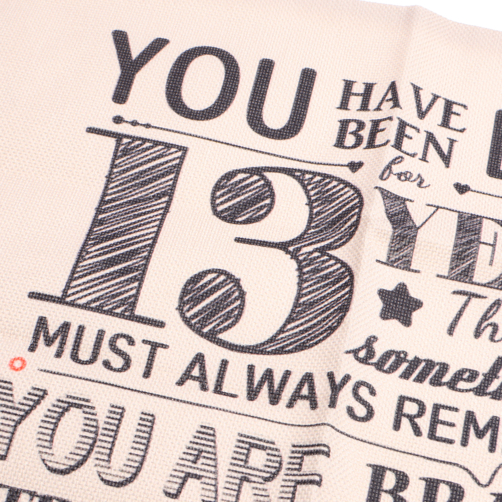 Nahaufnahme eines Stoffes mit Text, darunter die Zahl 13 und Sätze wie 'You Have Been' und 'Must Always Remember'.