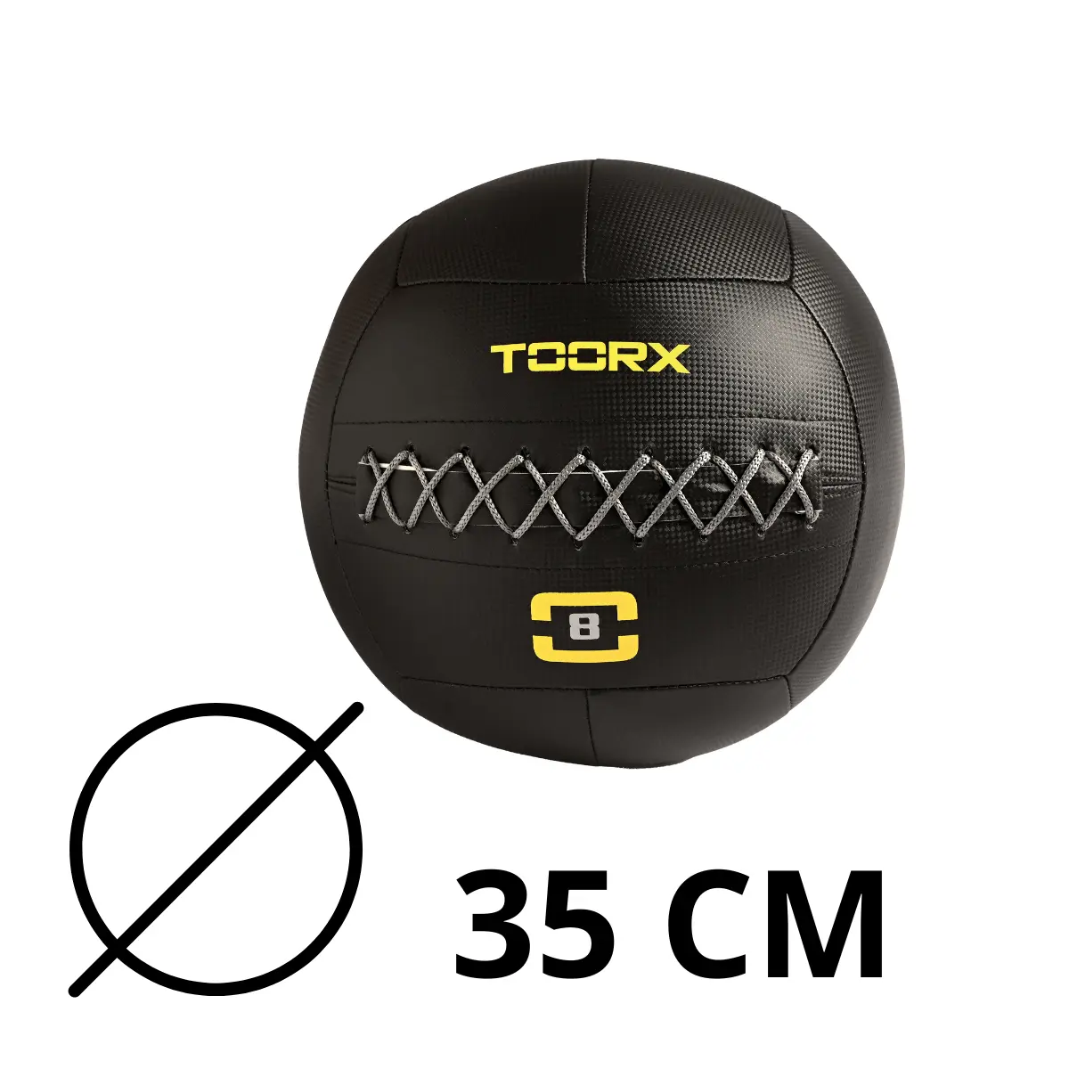 Zwarte medicijnbal met gele tekst en stiksels. Tekst luidt 'TOORX' en '8'. Diameter symbool met '35 CM' eronder.