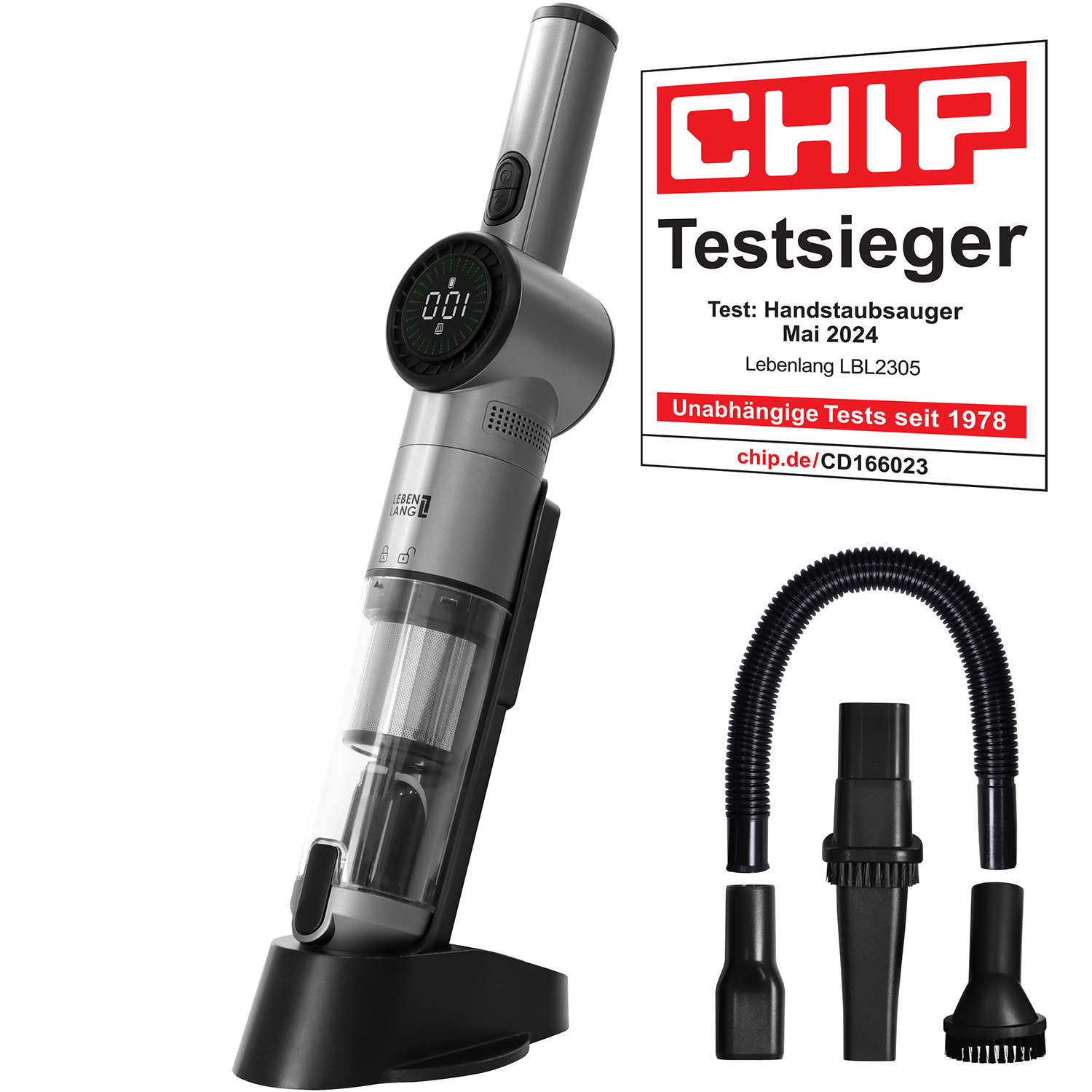 Ein grauer kabelloser Staubsauger mit verschiedenen Aufsätzen wird angezeigt. Ein 'CHIP Testsieger'-Aufkleber ist vorhanden.
