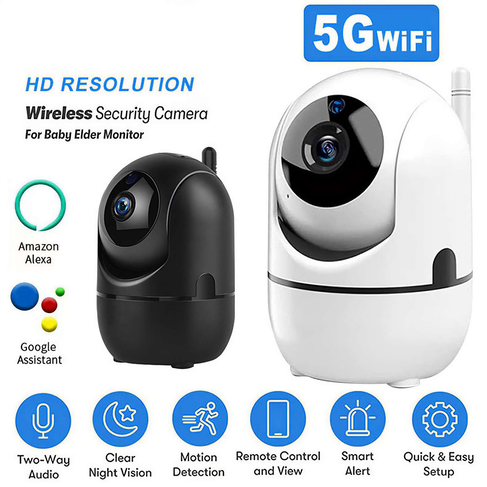 Zwei Überwachungskameras, eine schwarze und eine weiße, mit Funktionsbeschriftungen und Logos. Enthält 5G WiFi, Alexa und Google Assistant.