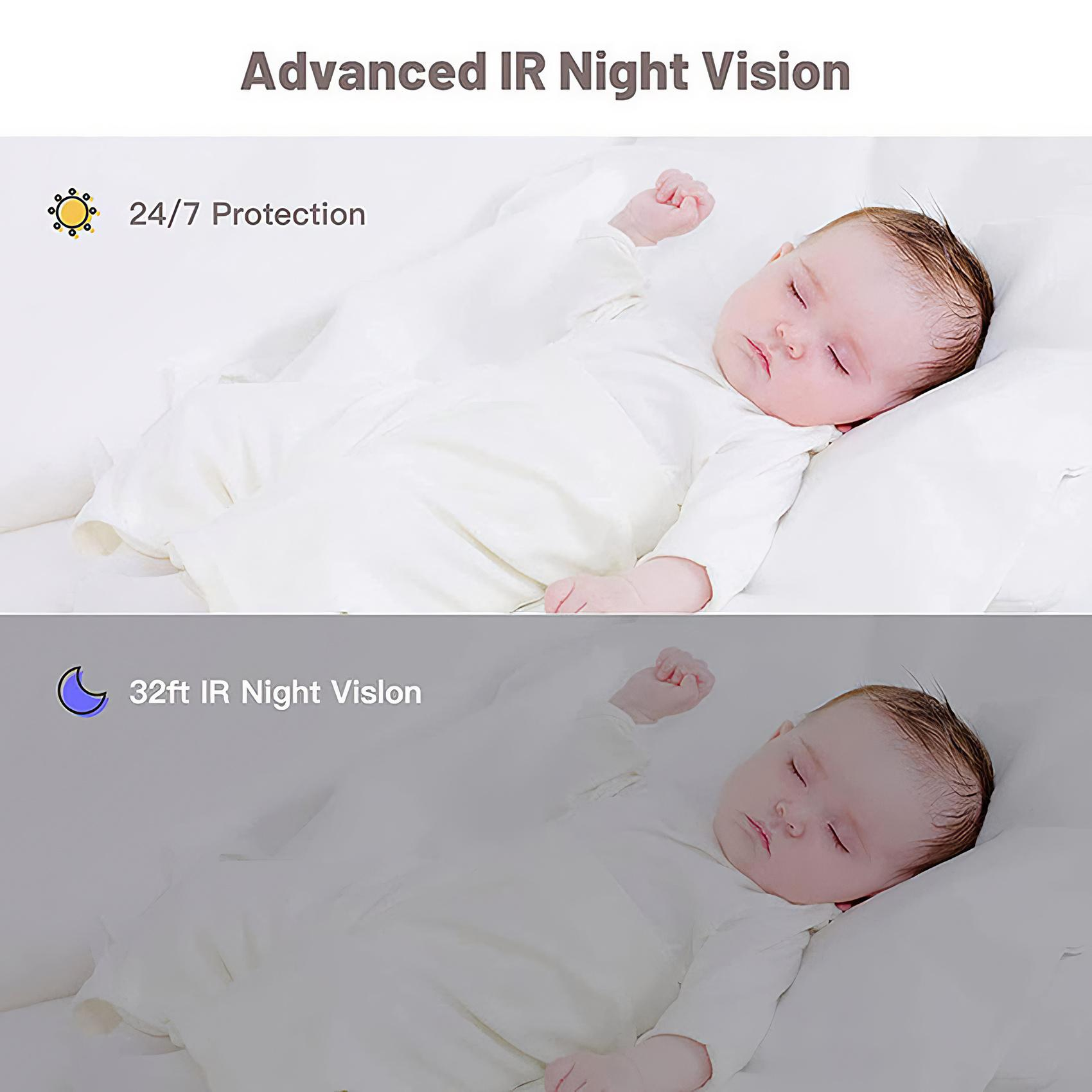 Ein schlafendes Baby in weißem Schlafanzug auf einem weißen Kissen. Text: Advanced IR Night Vision, 24/7 Protection und 32ft IR Night Vision.
