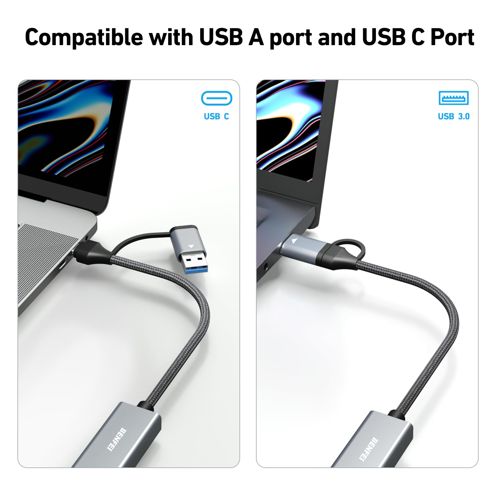 Zwei Laptops mit USB-Kabeln verbunden. Einer mit USB-C, der andere mit USB 3.0. Kabel haben ein graues geflochtenes Design.
