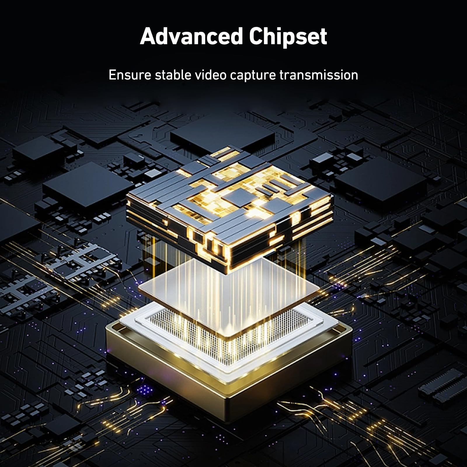 Das Bild zeigt eine detaillierte Ansicht eines Computerchips mit leuchtenden Elementen, Text oben lautet 'Advanced Chipset'.
