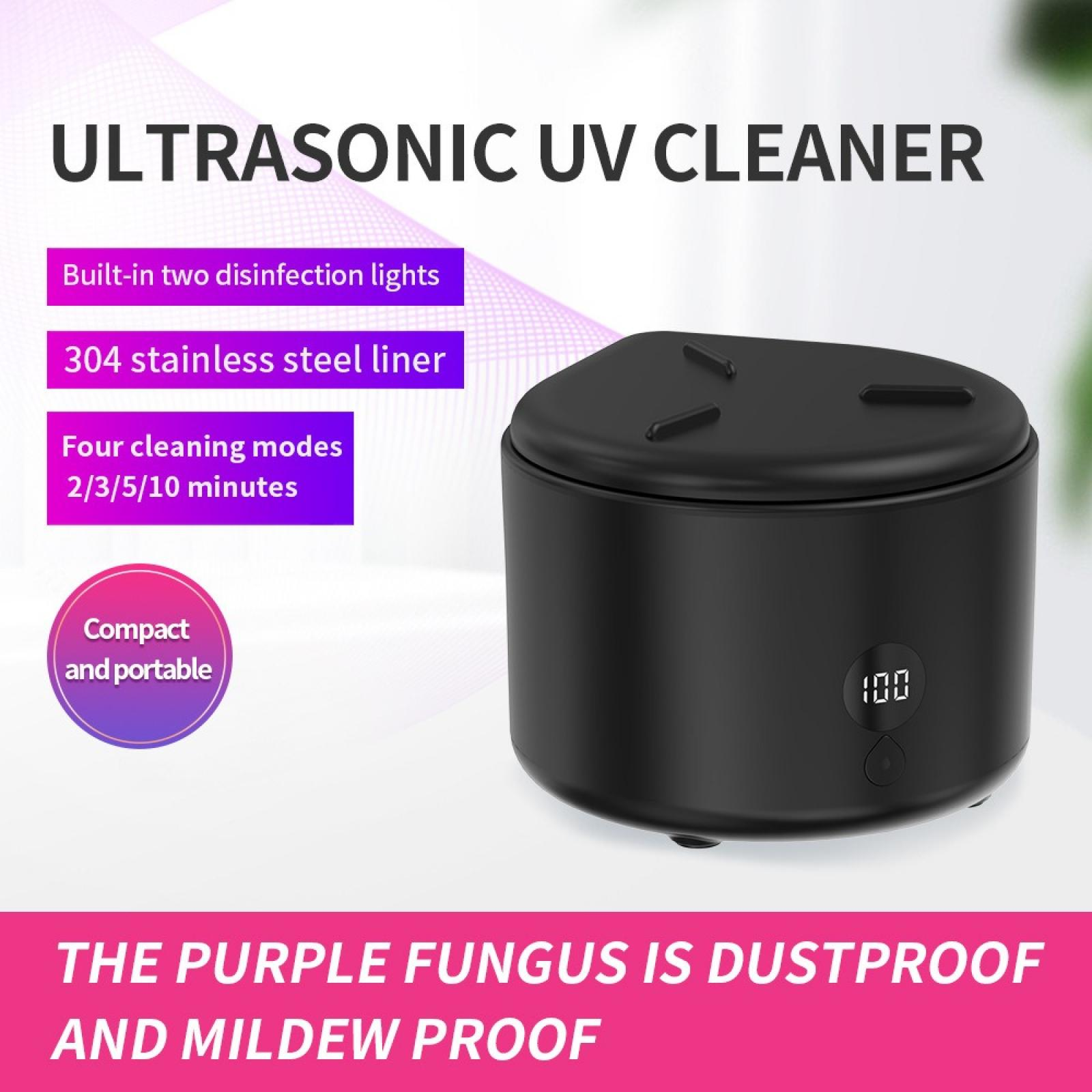 Schwarzer Ultraschall-UV-Reiniger. Merkmale sind Desinfektionslichter, Edelstahlauskleidung und Reinigungsmodi. Kompakt und tragbar.
