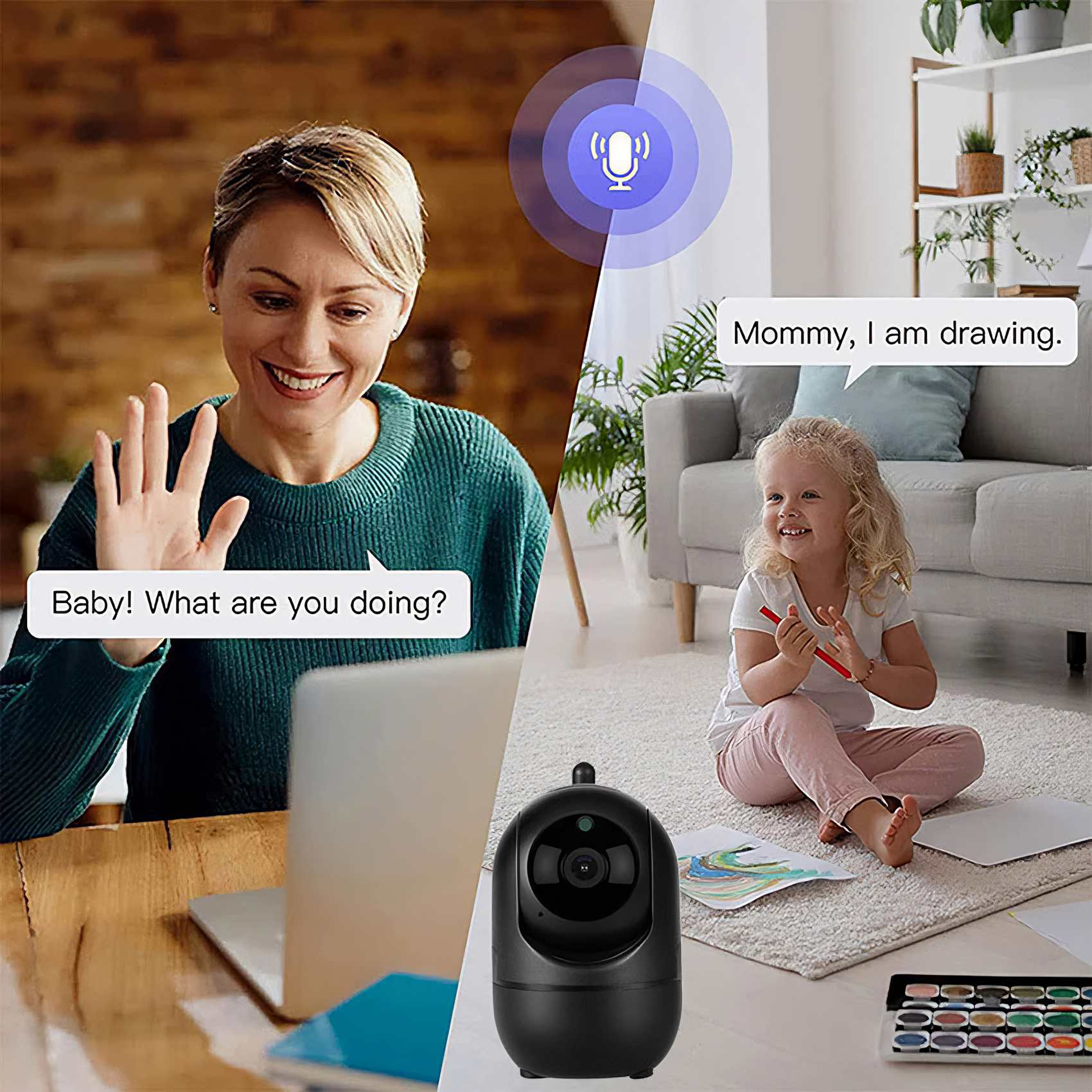 Frau im Videoanruf winkt. Kind sagt: 'Mama, ich zeichne.' Eine Überwachungskamera ist im Vordergrund.