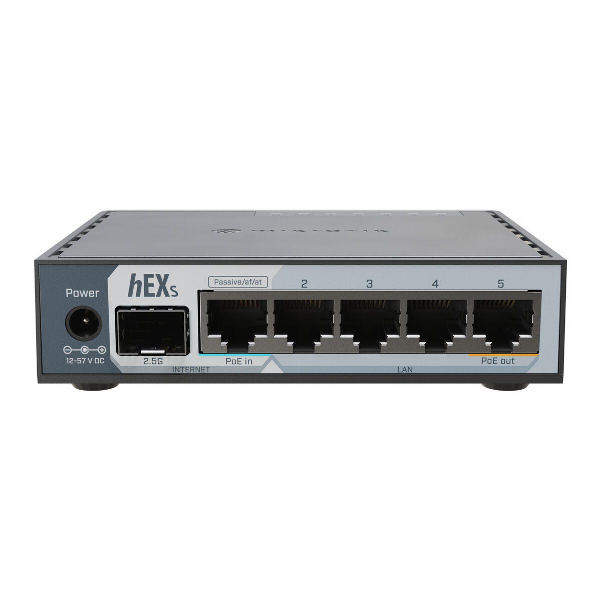 Un router hEXs grigio e nero. Ha porte etichettate Internet, LAN e PoE out. Sono visibili anche l'ingresso di alimentazione e i numeri di porta.