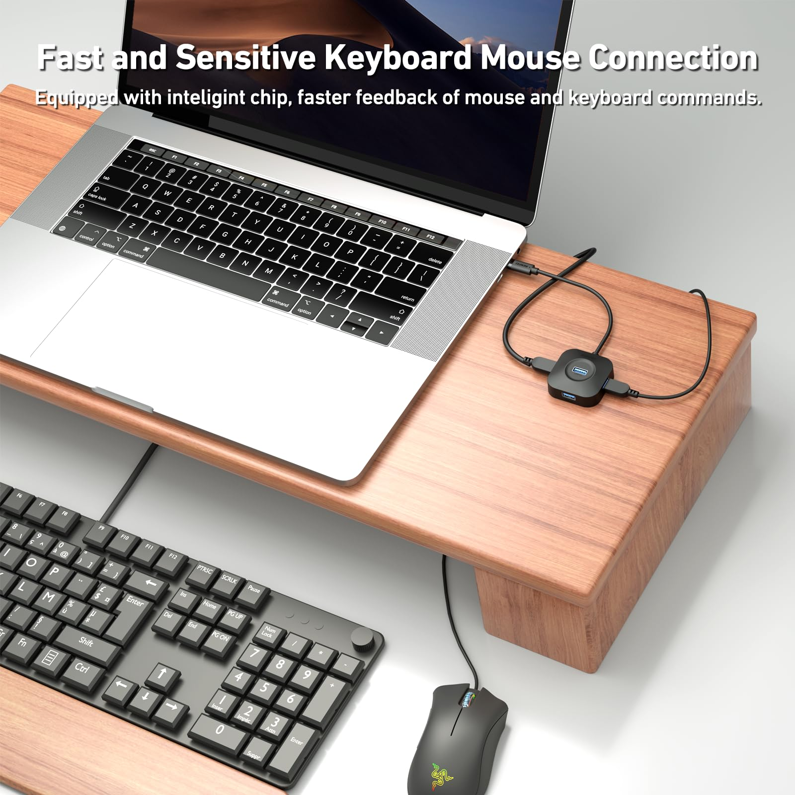 Laptop auf Holzständer mit externer Tastatur und Maus. Ein USB-Hub verbindet Geräte.
