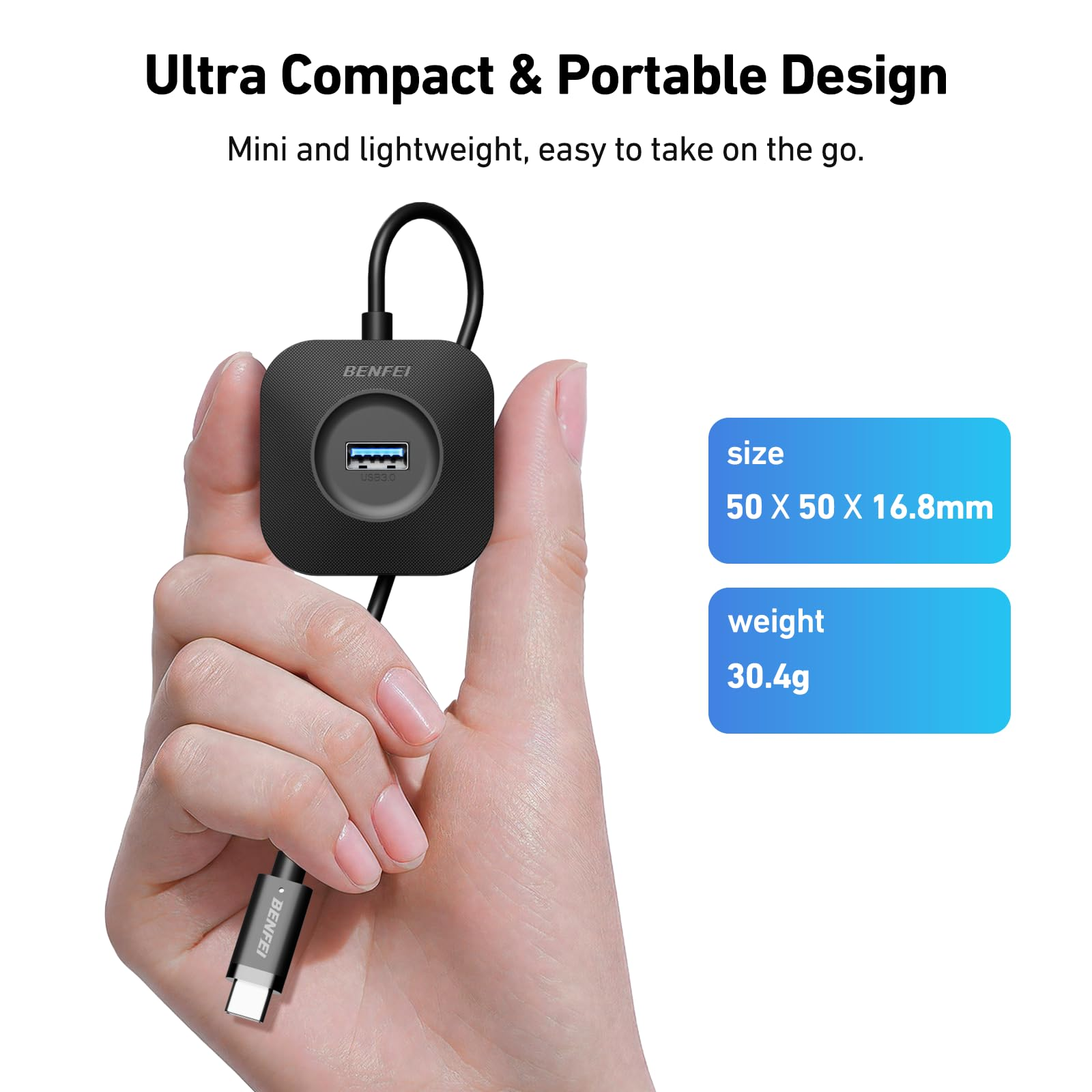 Eine Hand hält einen schwarzen USB-Hub. Der Hub hat einen USB-Anschluss, mit Größen- und Gewichtsangaben rechts.