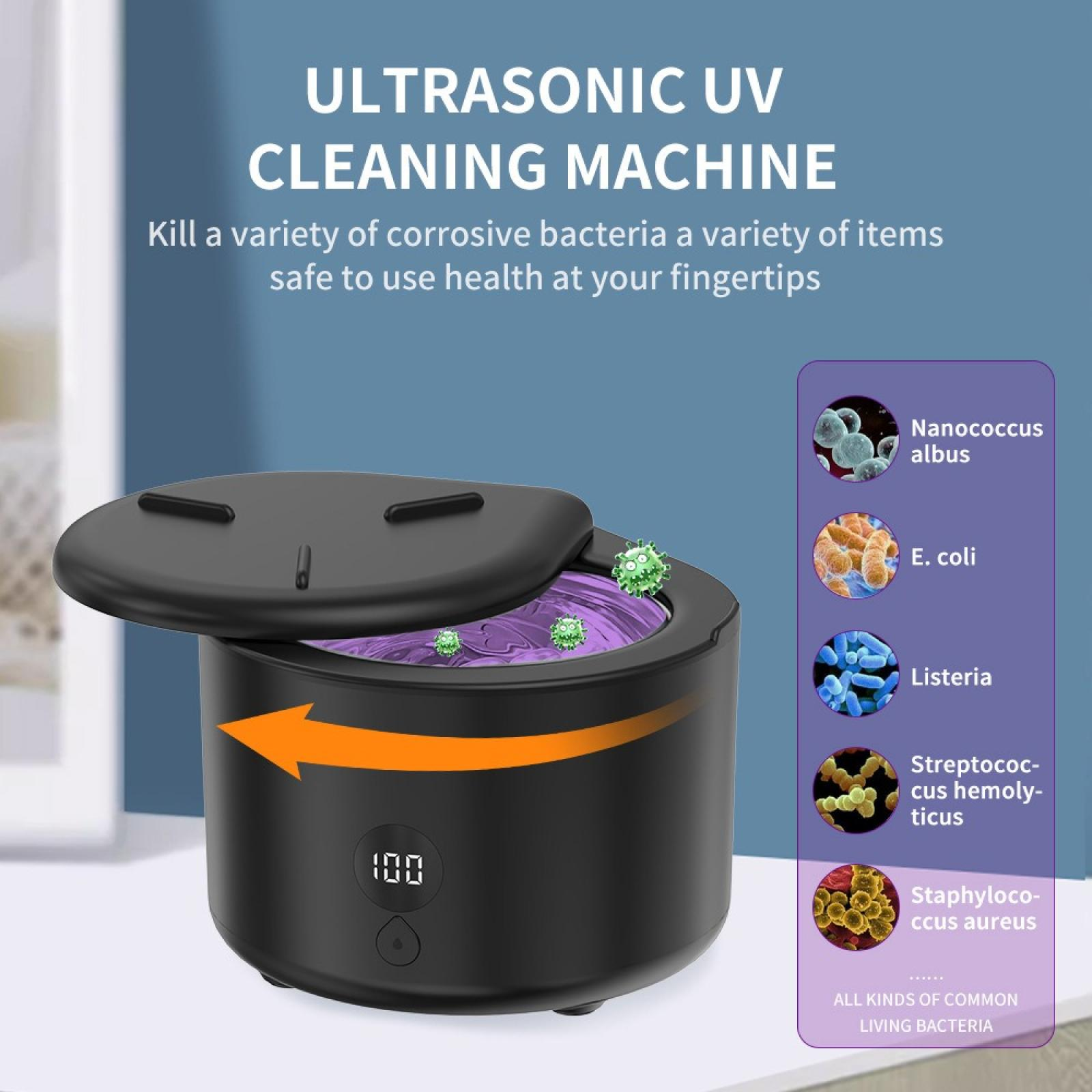 Schwarze Ultraschall-UV-Reinigungsmaschine. Zeigt einen offenen Deckel, einen lila Innenraum und einen orangefarbenen Pfeil.