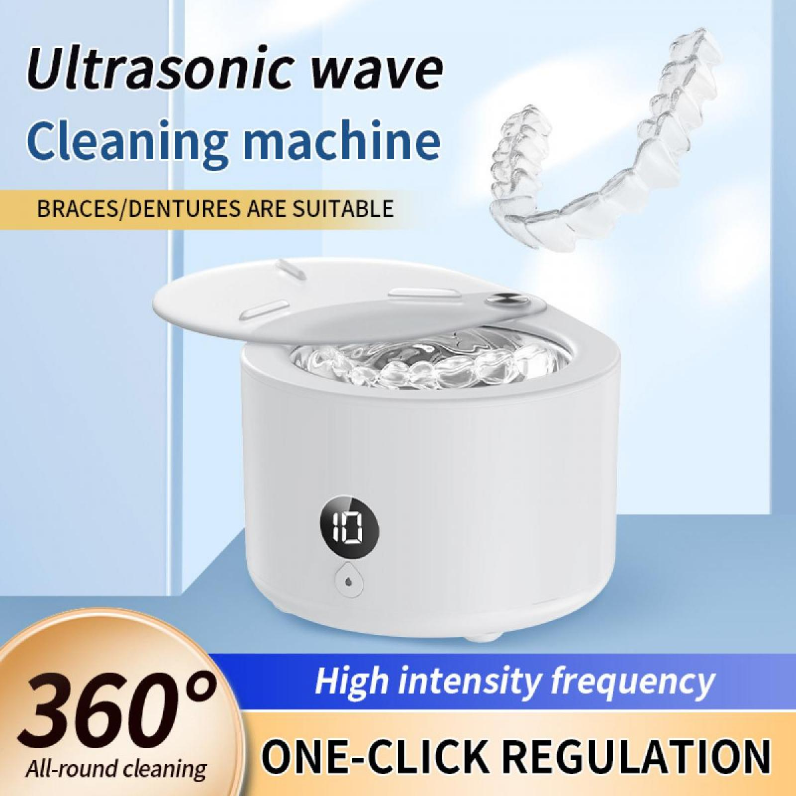 Weiße Ultraschall-Reinigungsmaschine mit transparentem Retainer. Text: Ultraschallwellen-Reinigungsmaschine. 360° Reinigung und Ein-Klick-Regulierung.