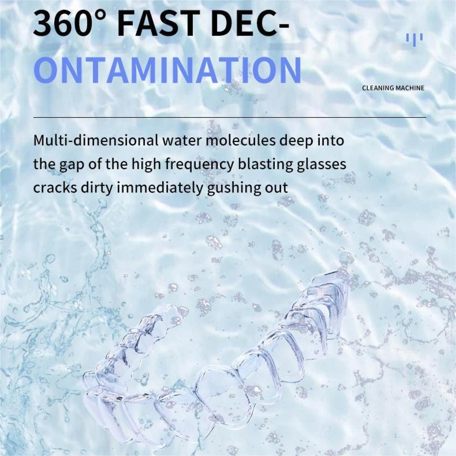 Klare Zahnspange im Wasser, mit Text über 360°-Reinigung und Wassermoleküle.