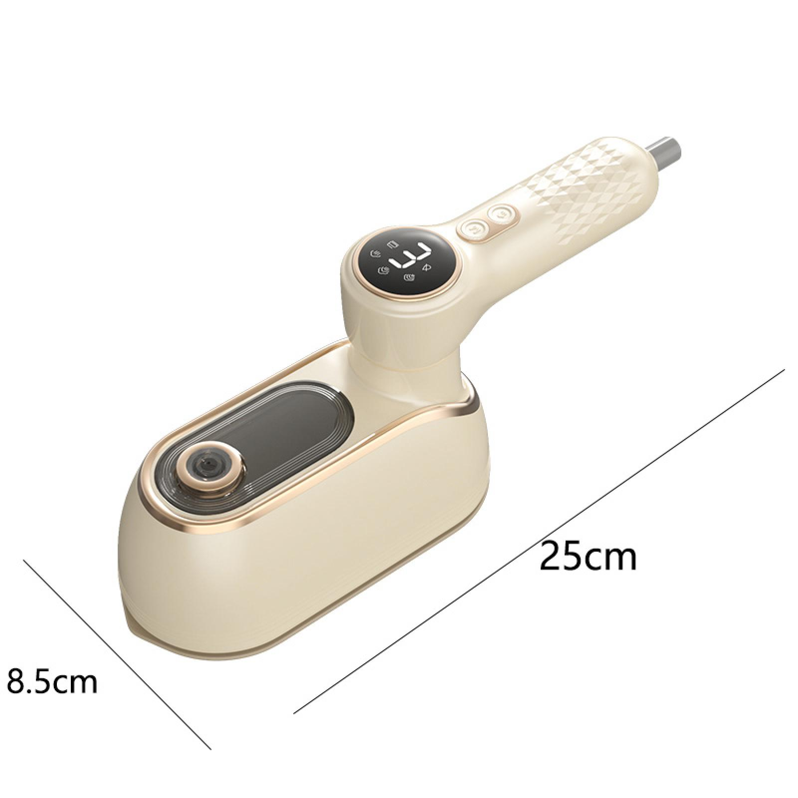 Ein beiges und goldenes Handgerät mit Digitalanzeige. Abmessungen: 25 cm lang, 8,5 cm breit. Produktaufnahme.
