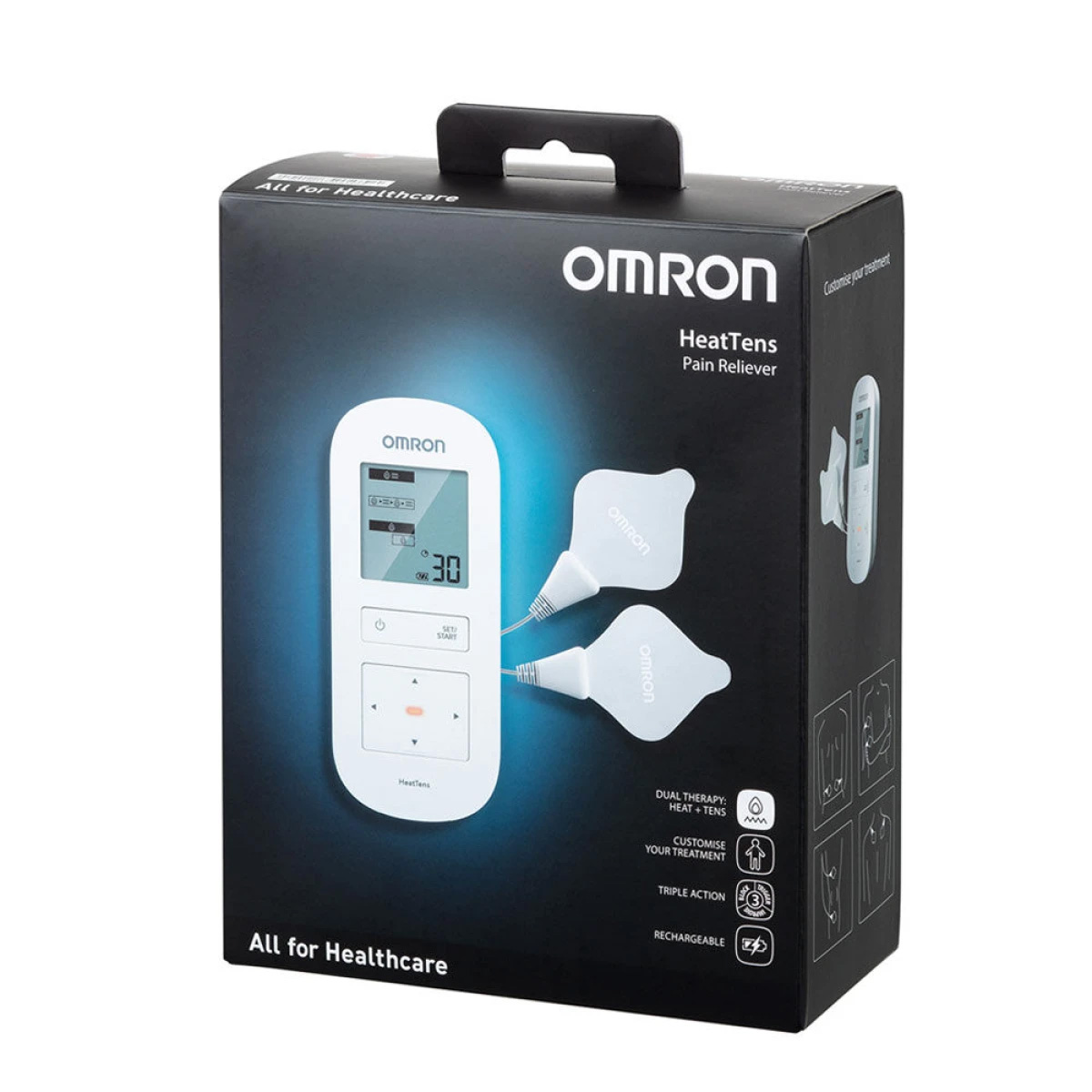 Schachtel mit einem OMRON HeatTens Schmerzmittelgerät. Es hat ein weißes Steuergerät, zwei Pads und einen schwarzen Griff. Die Box ist schwarz.