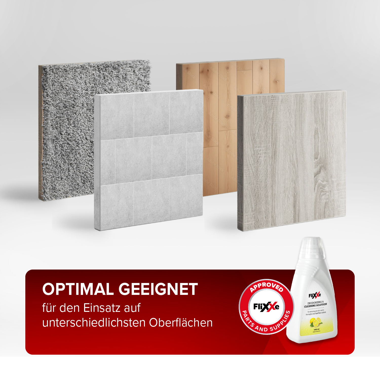 Das Bild zeigt verschiedene Bodenbeläge und Oberflächen mit einem Reinigungsmittel. Der Text lautet 'Optimal geeignet' und 'Flixxe'.