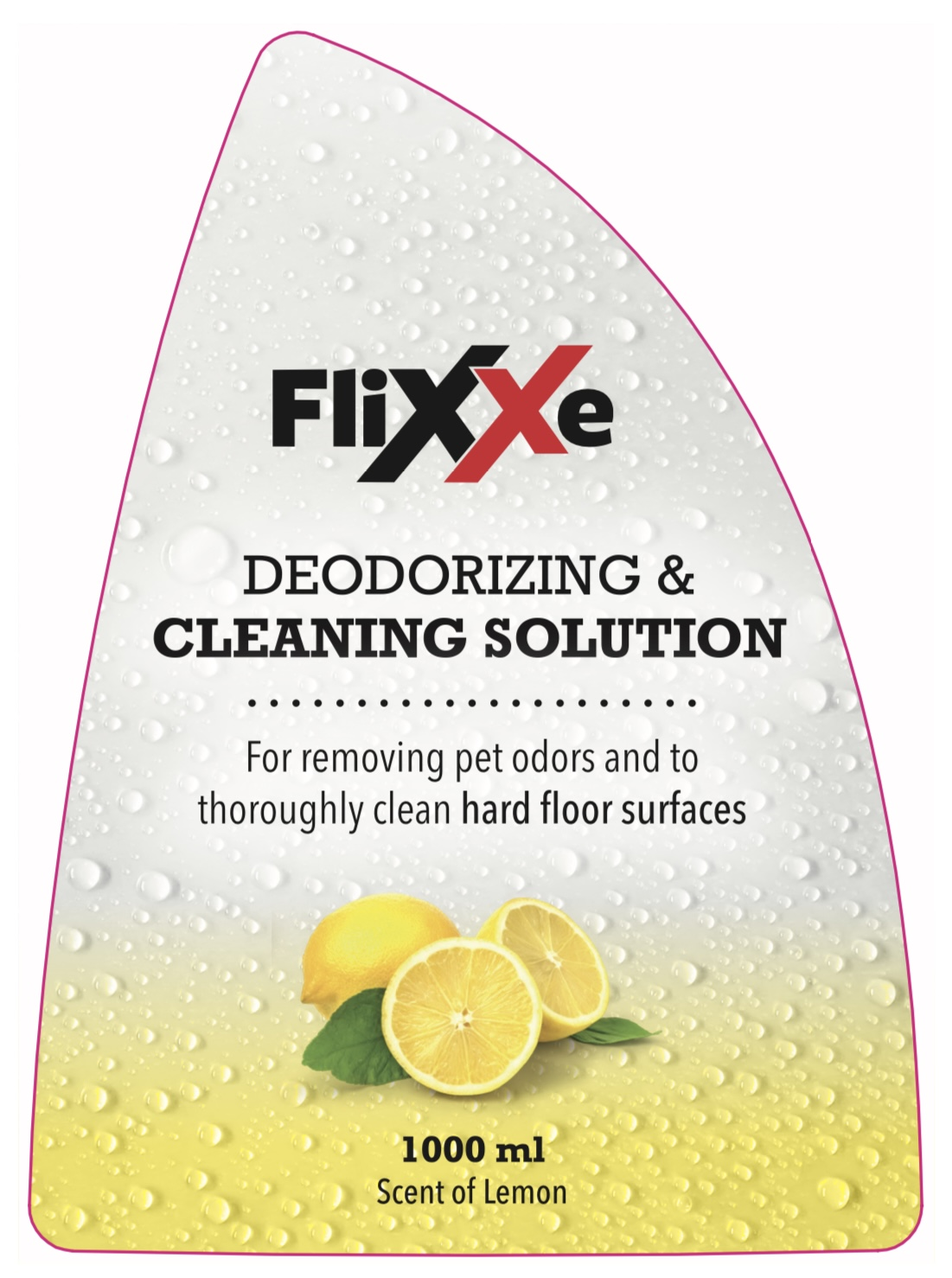 Eine Flasche Reinigungslösung mit Zitronenscheiben und dem Text 'DEODORIZING & CLEANING SOLUTION'. Der Duft ist Zitrone.