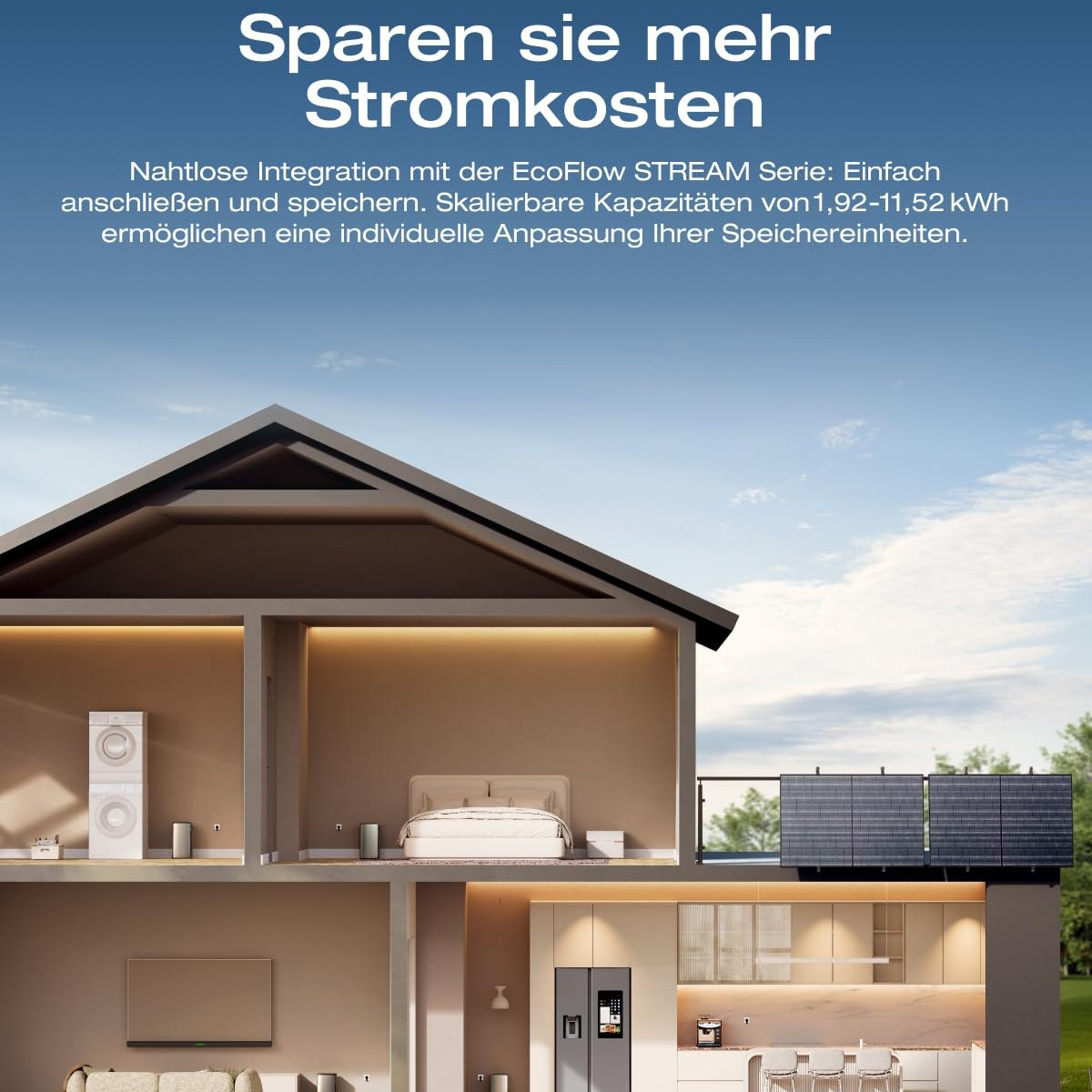Querschnitt eines Hauses, zeigt Zimmer mit Möbeln. Der Text oben lautet: 'Sparen Sie mehr Stromkosten'.