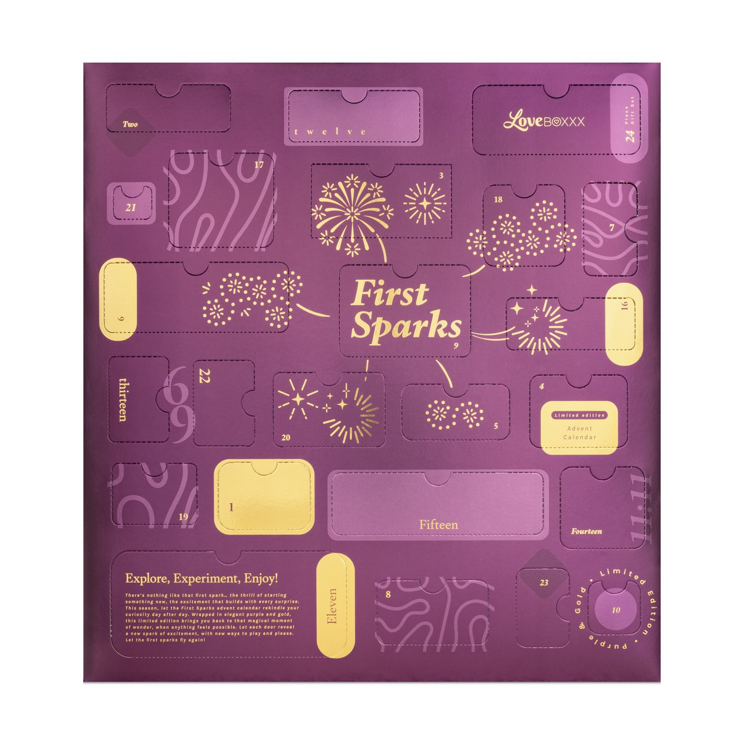 Adventskalender mit lila Hintergrund, goldenen Akzenten und nummerierten Türen. Text lautet 'First Sparks' und 'Limited Edition'.