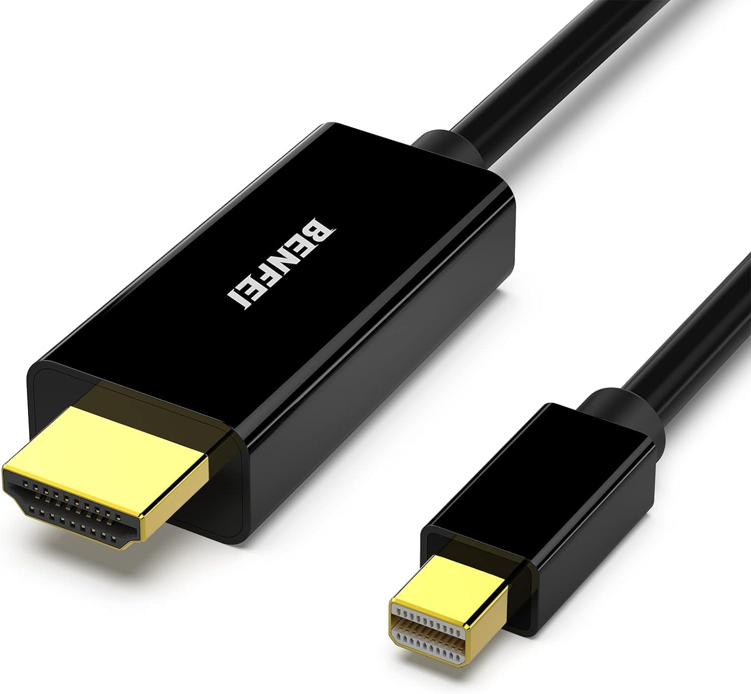 Schwarzes BENFEI HDMI-zu-Mini-DisplayPort-Kabel mit goldenen Anschlüssen.