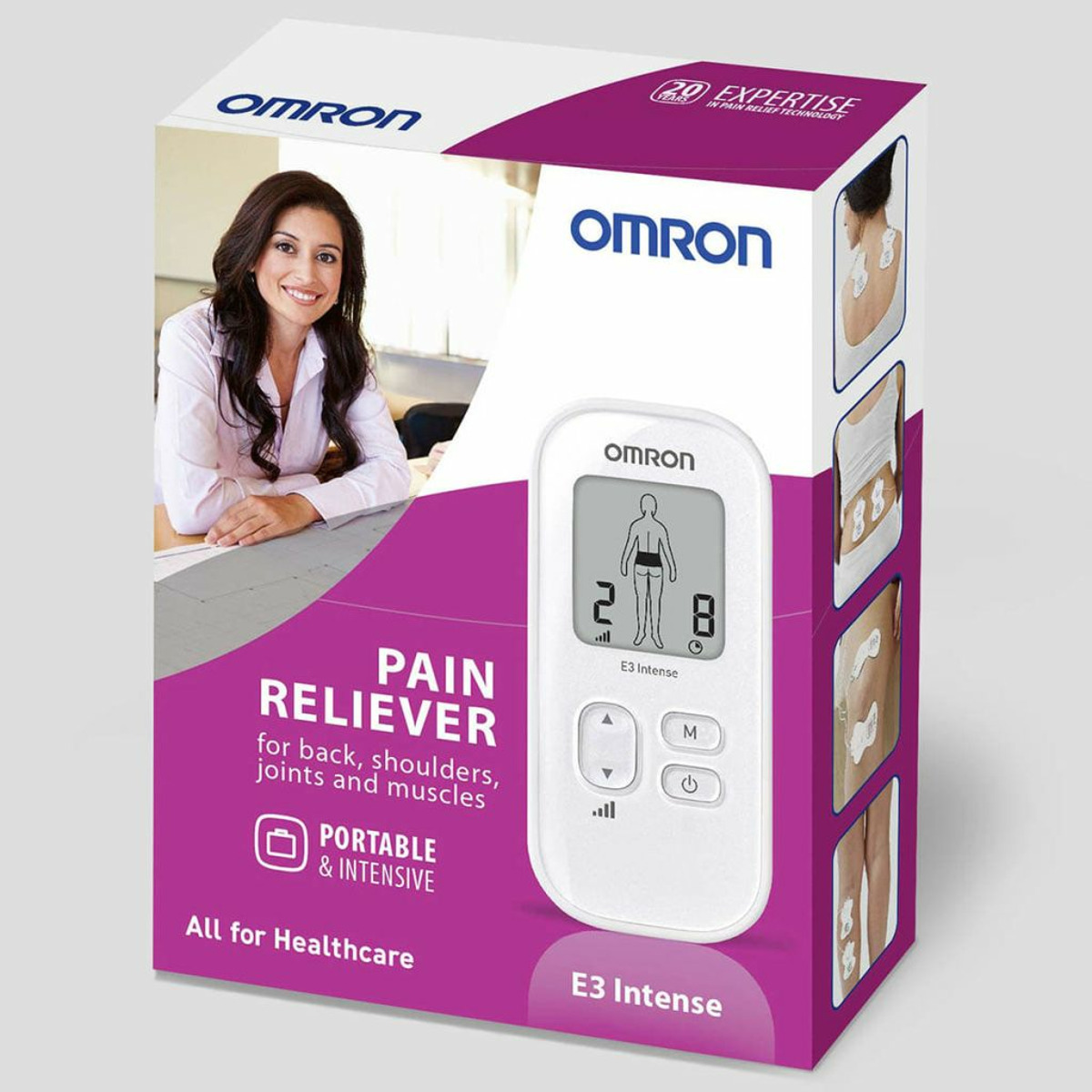 Karton mit Omron E3 Intense Schmerzlinderer. Mit Frau, Gerätebild und Anwendungsdiagrammen. Text enthält 'Portable & Intensive'.