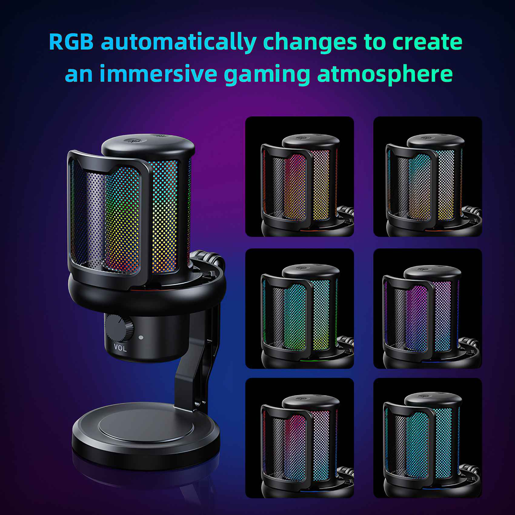 Das Bild zeigt ein schwarzes Mikrofon mit farbigen RGB-Leuchten. Es werden mehrere Versionen mit Lichteffekten angezeigt.