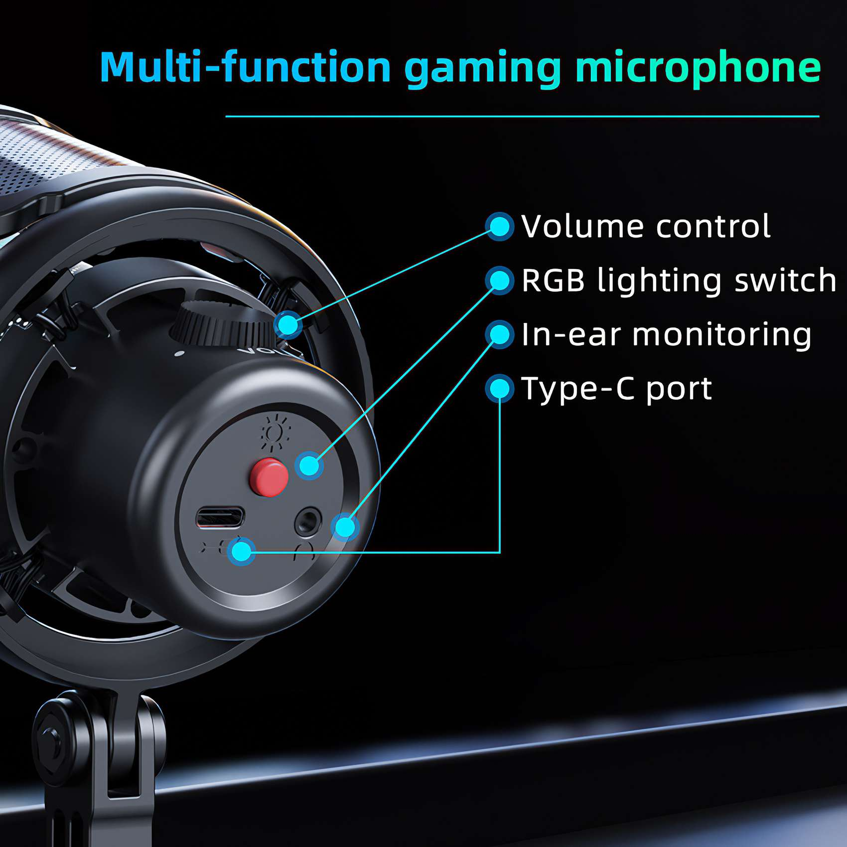 Nahaufnahme eines Gaming-Mikrofons. Zeigt Lautstärkeregler, RGB-Beleuchtungsschalter, In-Ear-Monitoring und Typ-C-Anschluss. Schwarzer Hintergrund.