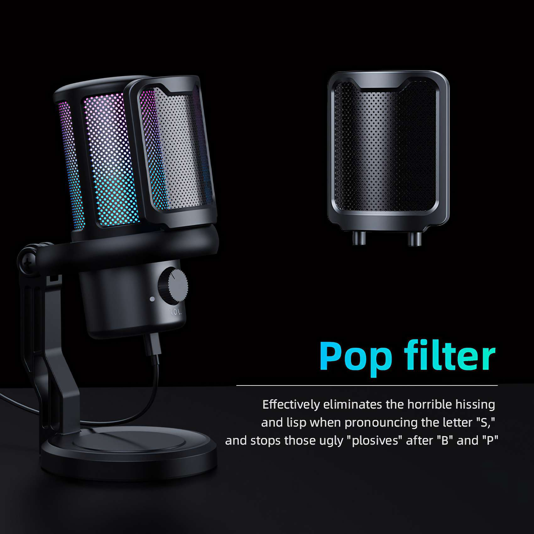 Schwarzes Mikrofon mit Pop-Filter, LED-Leuchten und Lautstärkeregler. Ein zweiter Pop-Filter rechts.