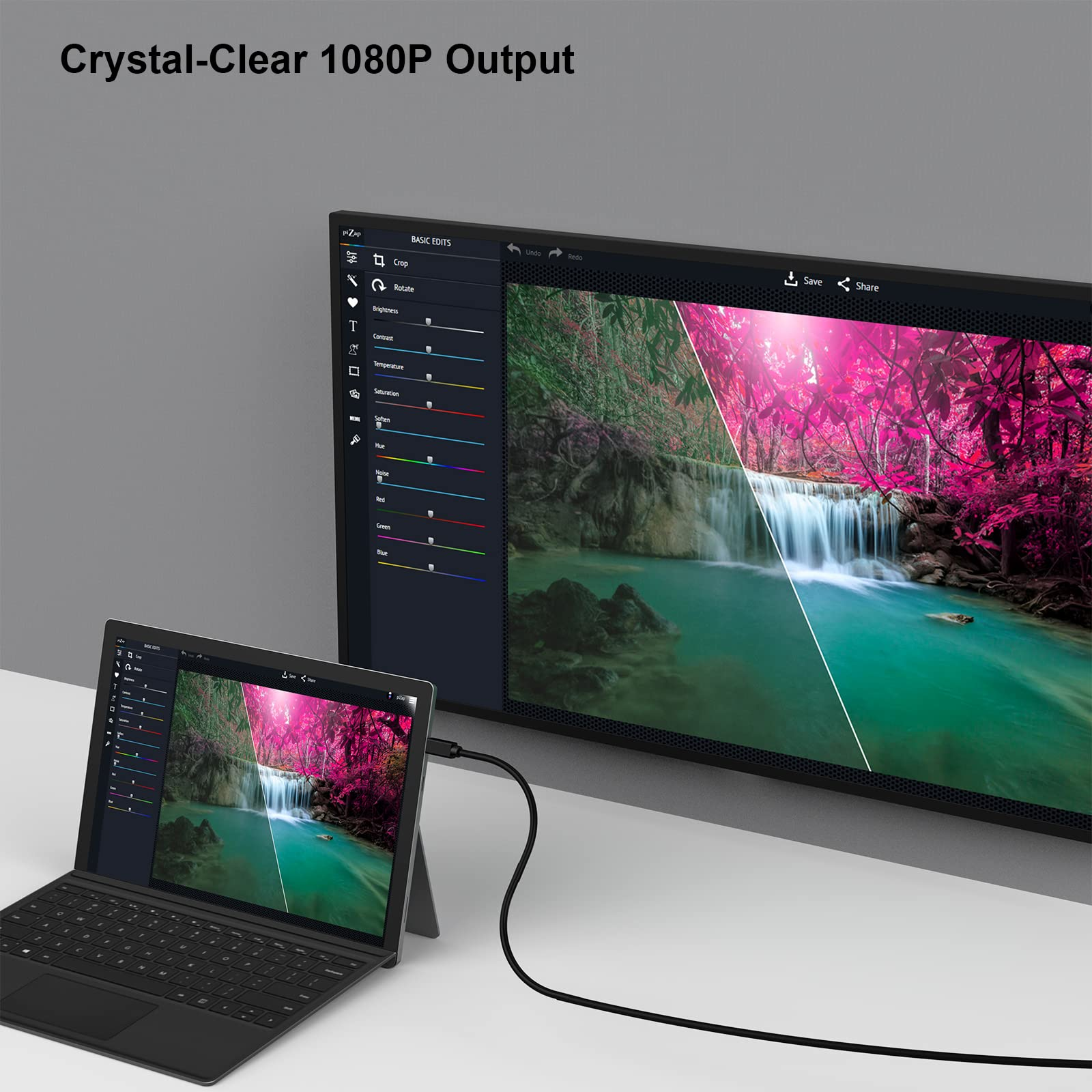 Ein Laptop und ein Monitor bearbeiten nebeneinander ein Foto eines Wasserfalls. Der Monitor zeigt das Vorher-Nachher-Bild.