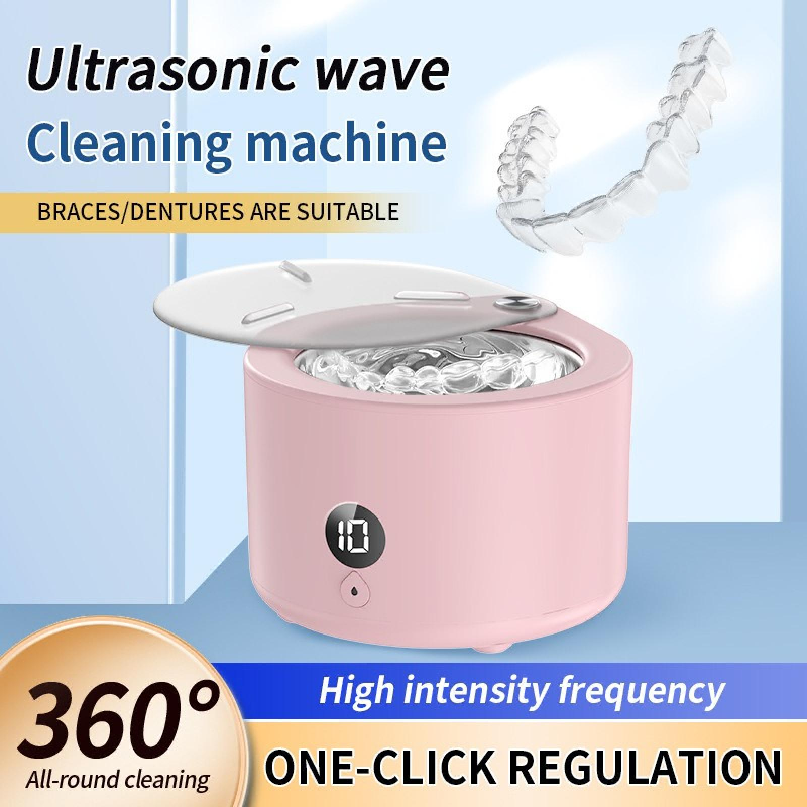 Rosa Ultraschall-Reinigungsmaschine mit offenem Deckel, transparentem Retainer und Text: Ultraschallwellen-Reinigungsmaschine. 360° Rundumreinigung.