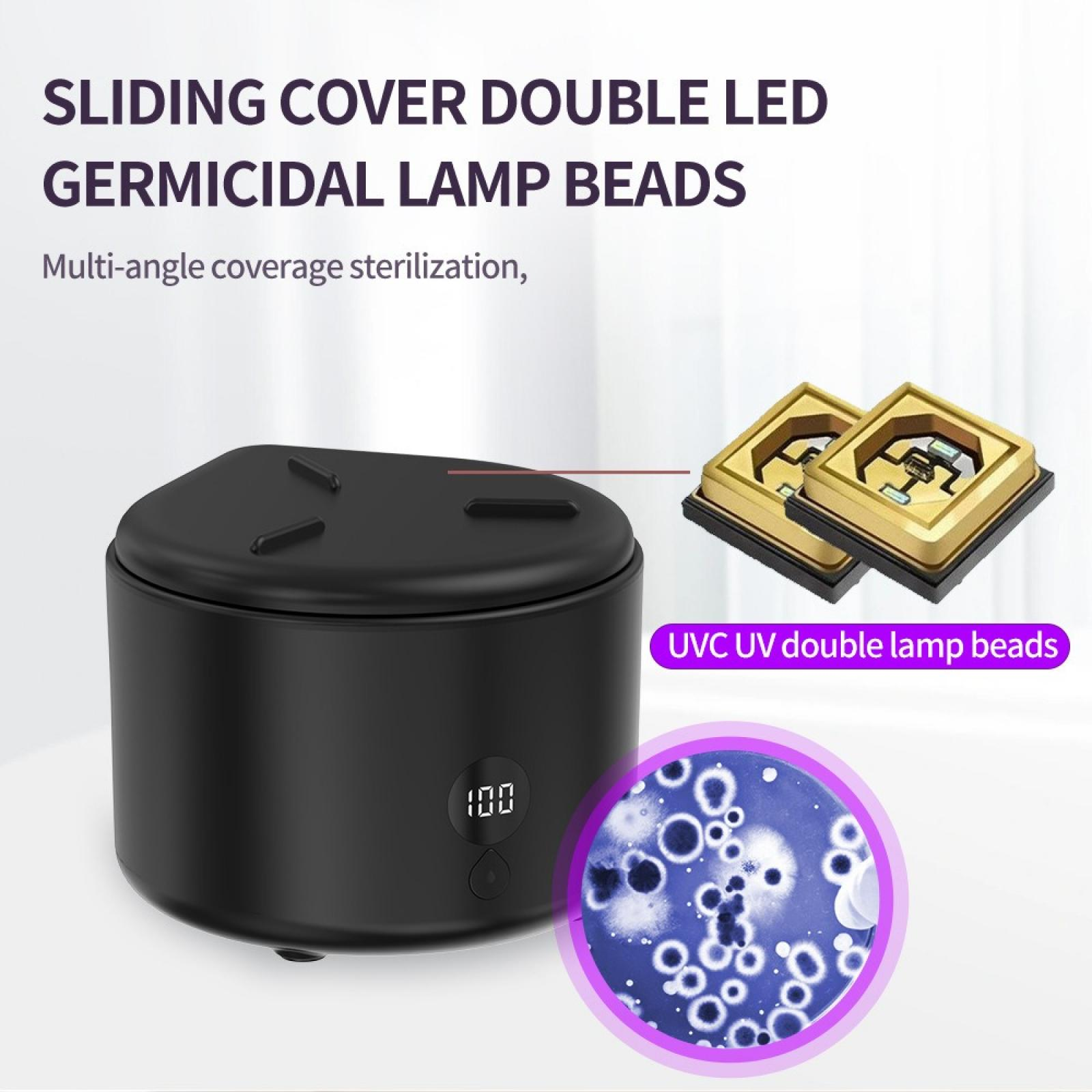 Ein schwarzes Gerät mit Display, LED-Leuchten und einem Diagramm von Keimen. Text: Sliding Cover Germicidal Lamp Beads.