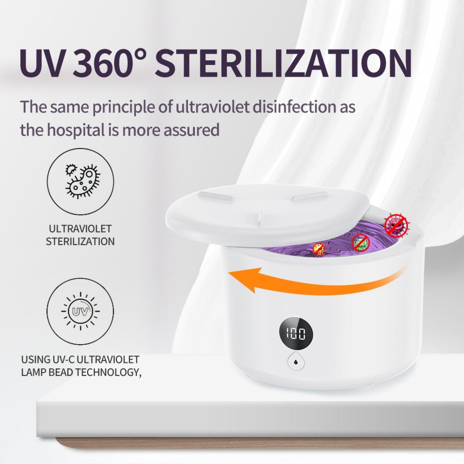 Weißer UV-Sterilisator mit offenem Deckel. Oranger Pfeil zeigt nach innen mit violettem Licht. Text: UV 360° STERILISATION.
