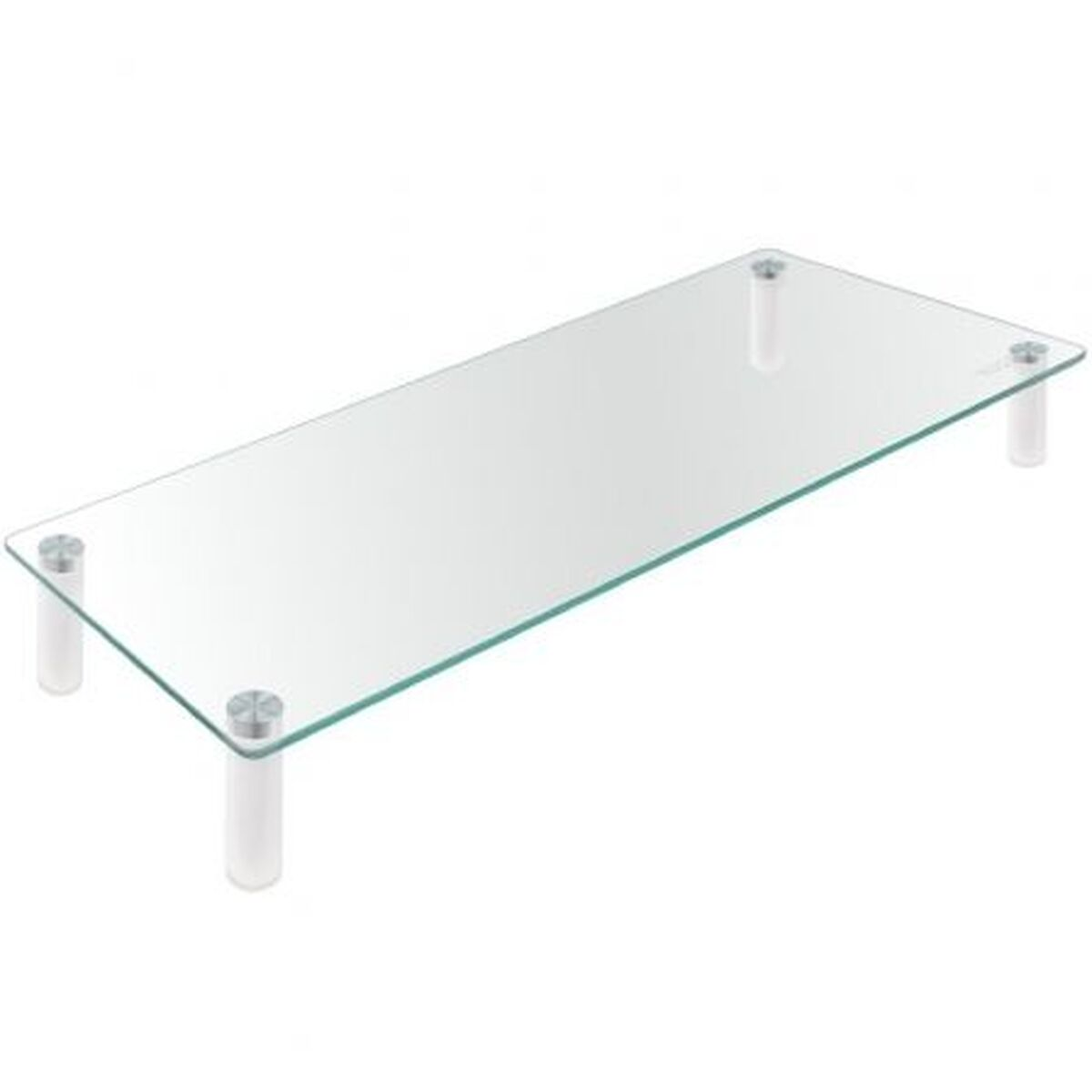 Ein rechteckiger Monitorständer aus klarem Glas. Er hat vier weiße zylindrische Beine und kleine silberfarbene Aufsätze.