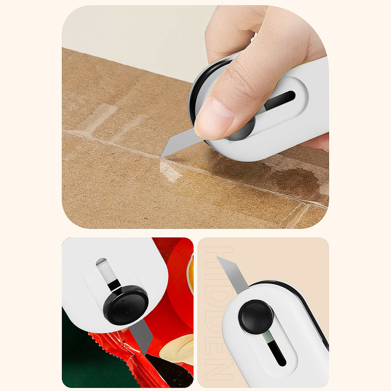 Ein weißer Cutter schneidet Klebeband auf einer braunen Schachtel. Nahaufnahmen zeigen Details des Cutters und der Verpackung.