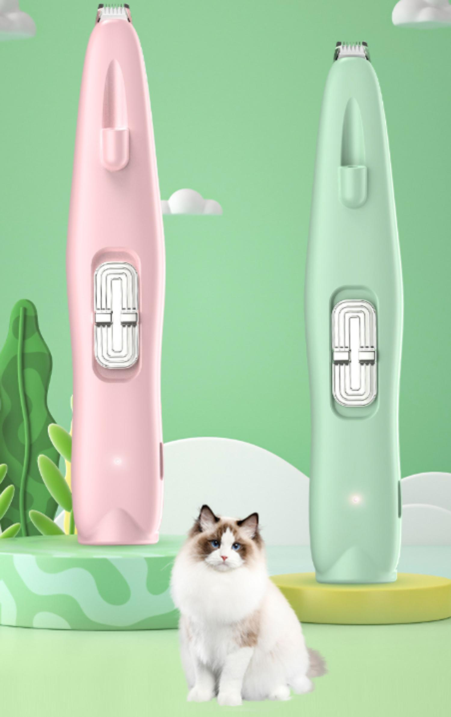 Eine Katze sitzt vor rosa und grünen Haarschneidemaschinen für Haustiere. Der Hintergrund ist grün mit Wolken.