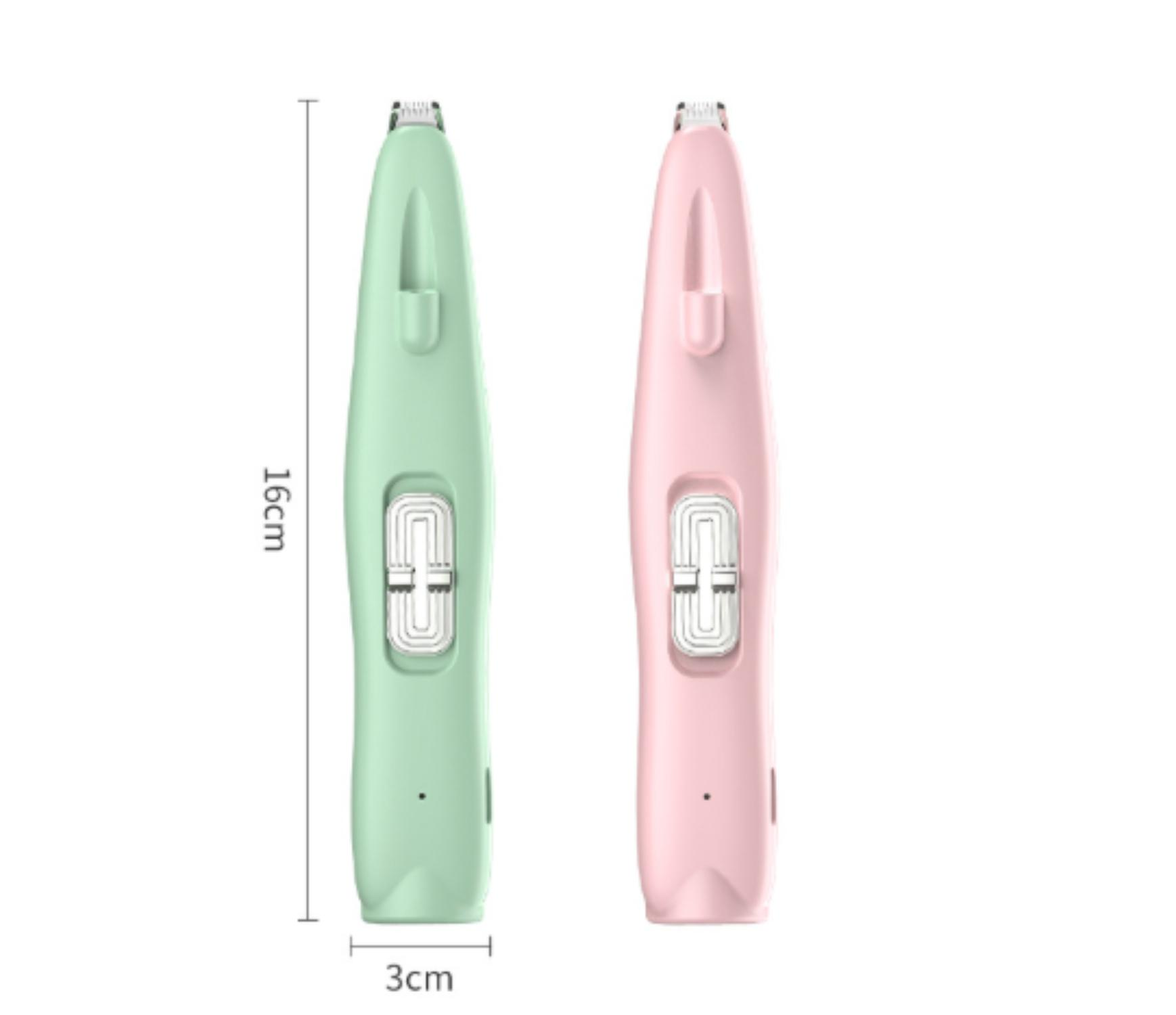 Zwei elektrische Haarschneider, einer grün und einer rosa, werden gezeigt. Abmessungen sind angegeben: 16 cm Länge, 3 cm Breite.