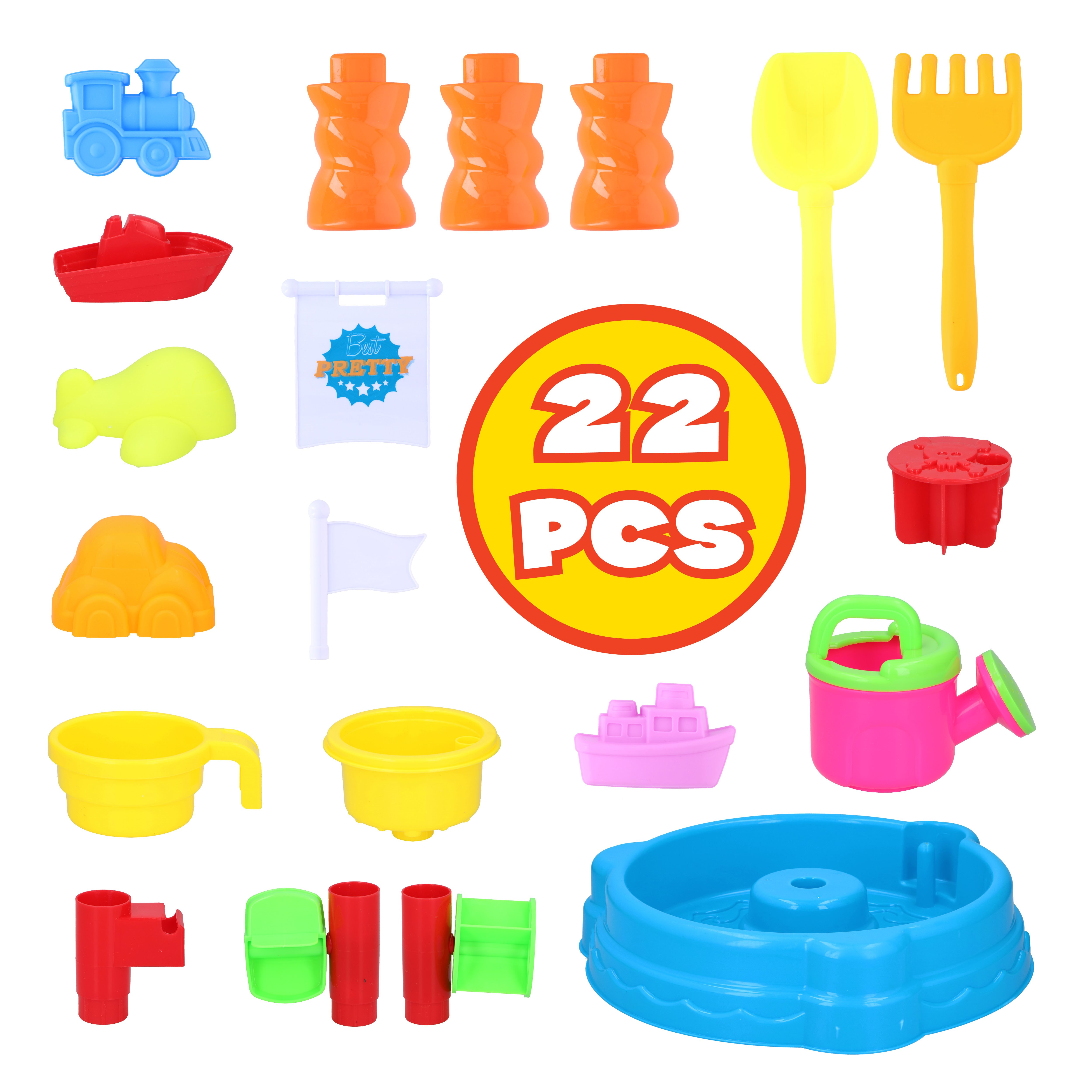 Various colorful sand toys, including a train, boat, and tools, are arranged on a white background.
