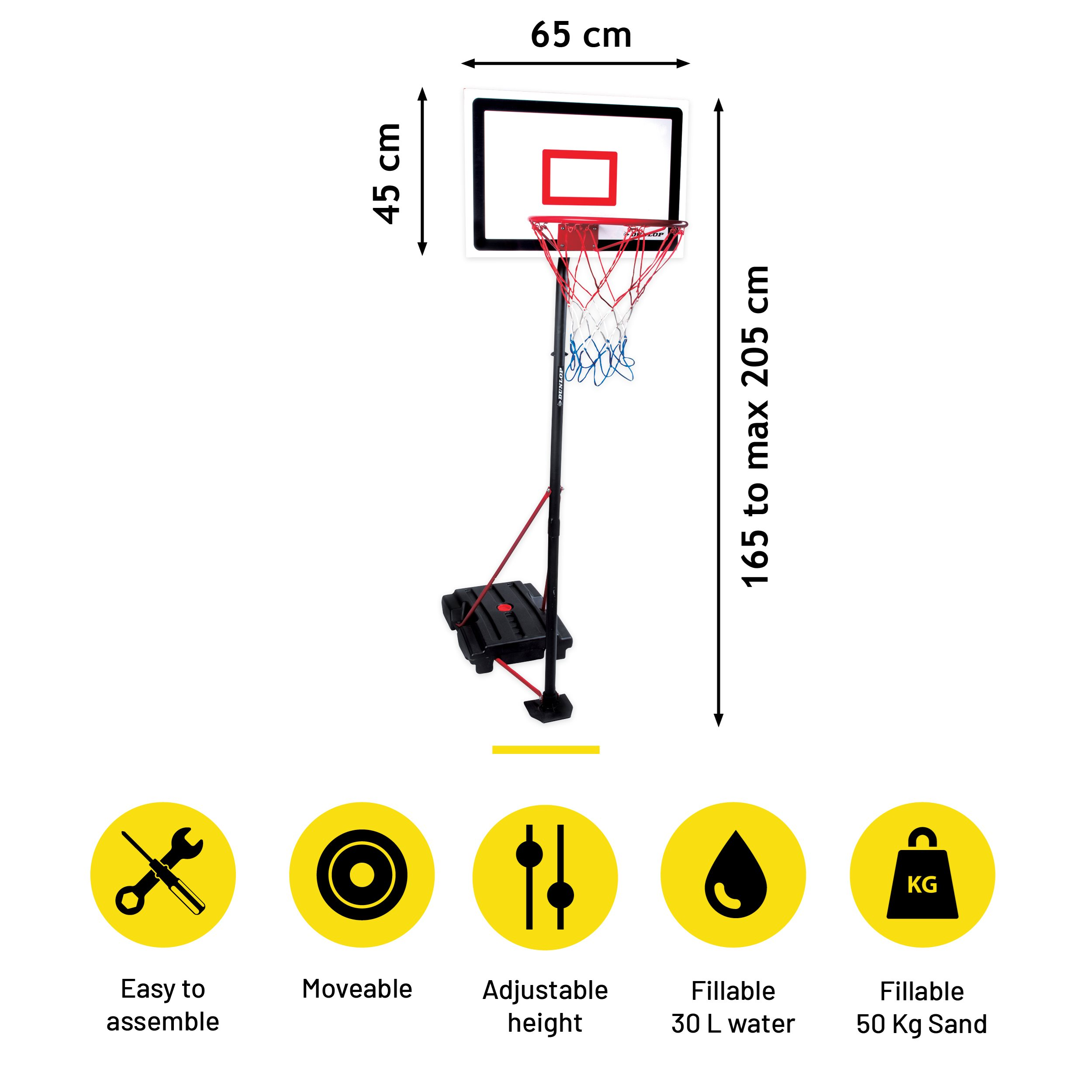 Basketbalbord met afmetingen. Kenmerken: verstelbare hoogte, vulbare voet voor water/zand en eenvoudige montage.