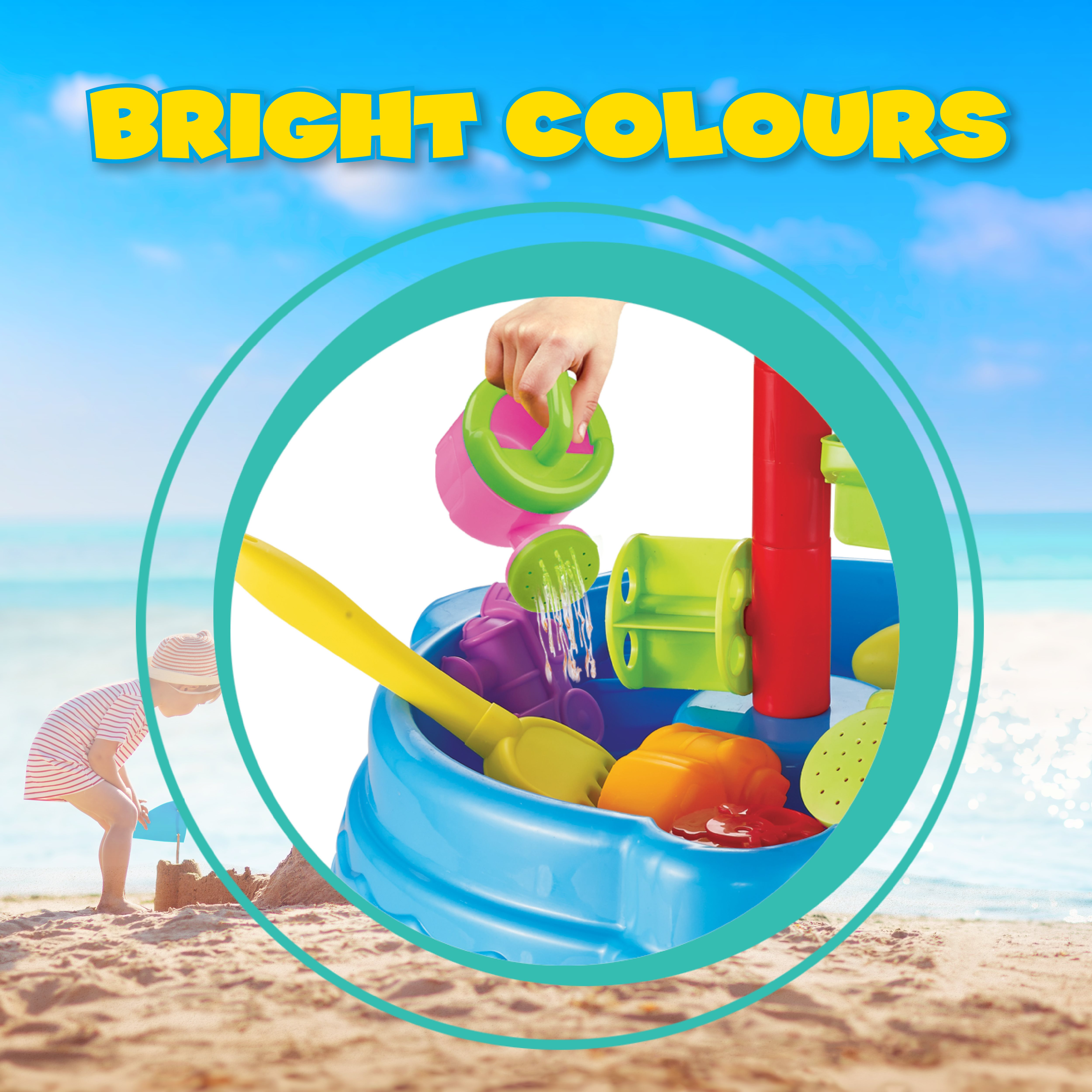 A child plays with a colorful sand toy on a beach. Text 'BRIGHT COLOURS' is at the top.
