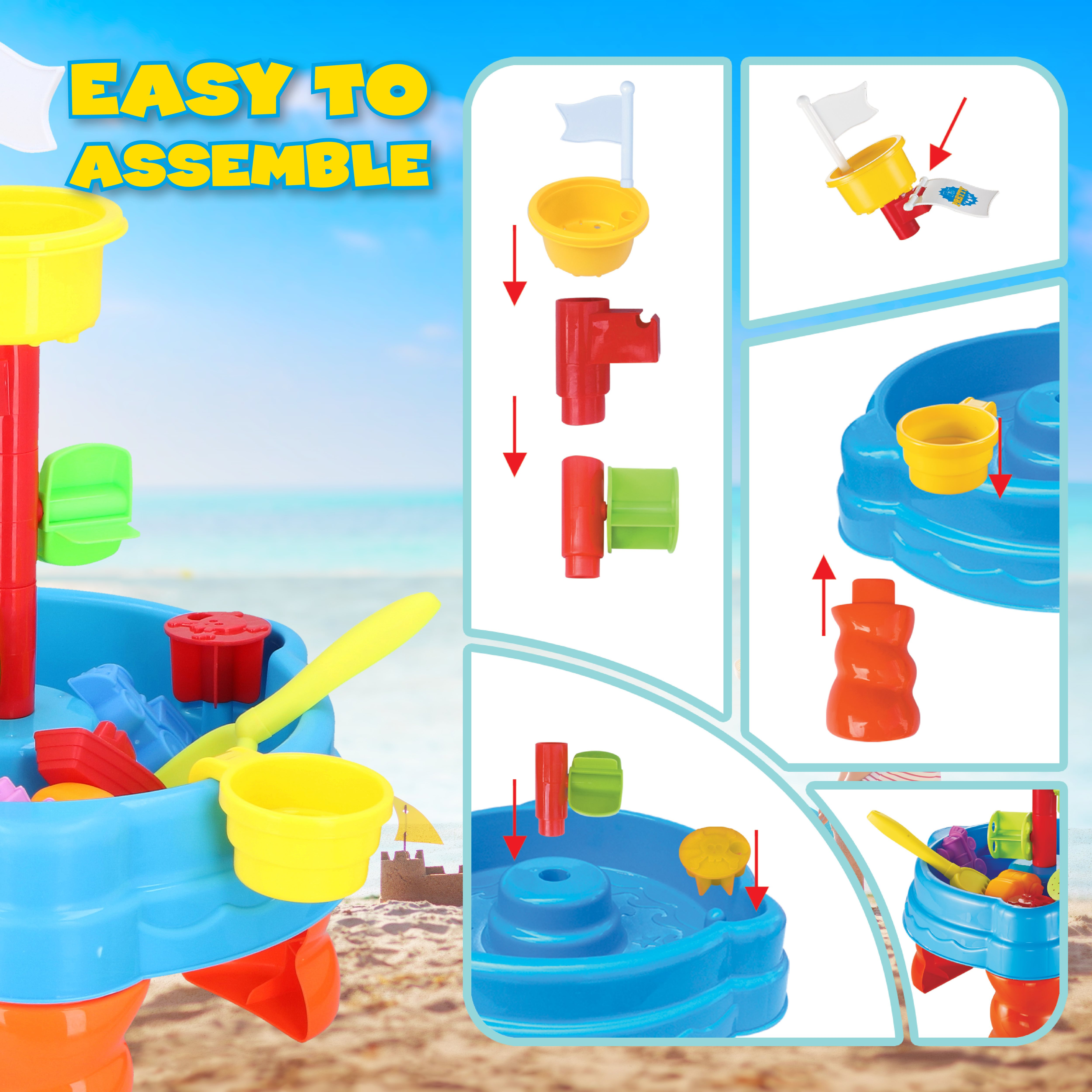 A blue toy boat with yellow, red, and green components. Instructions show how to assemble it. Background is a beach.