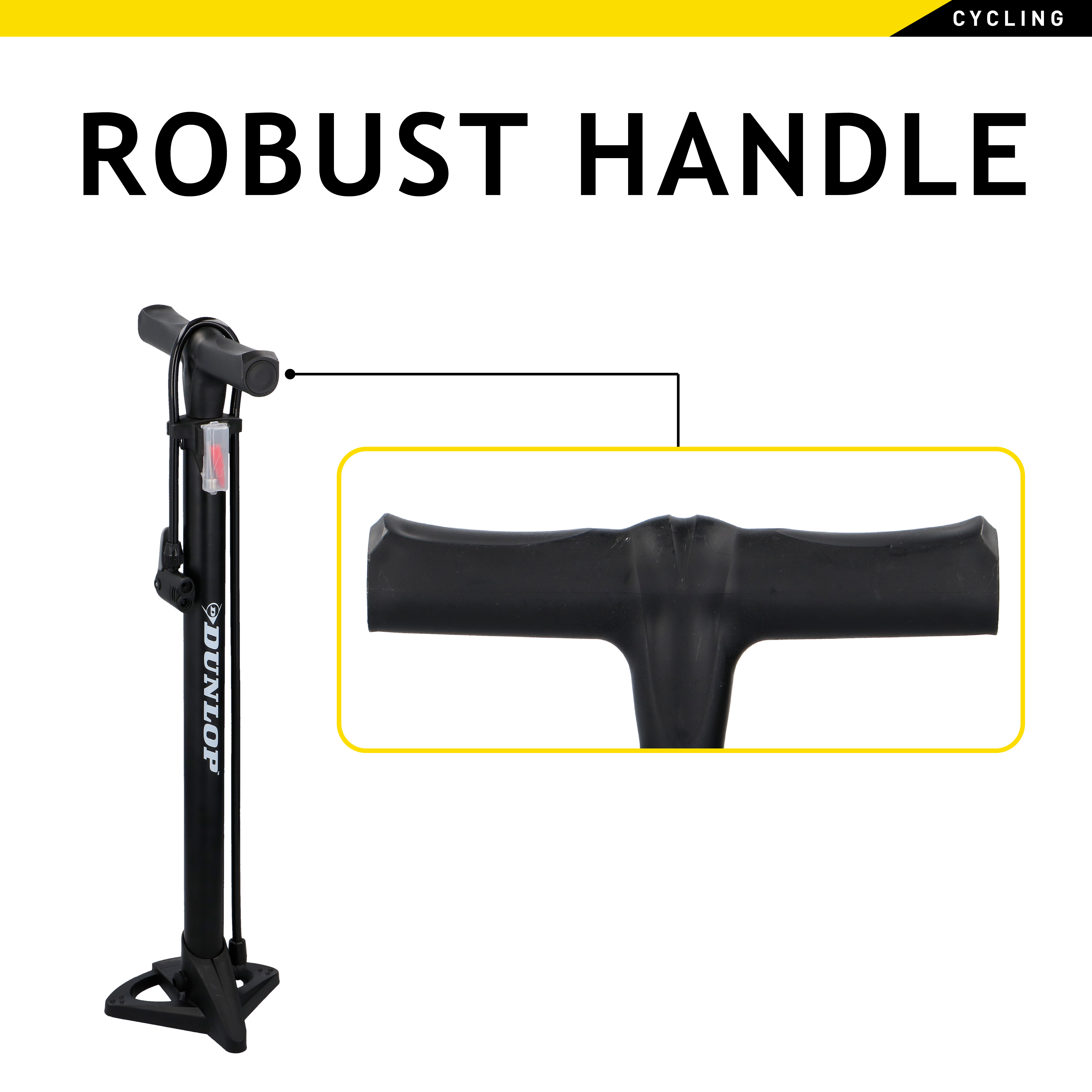 Schwarze Fahrradpumpe mit robustem Griff. Die Pumpe ist schwarz und trägt den Markennamen Dunlop.