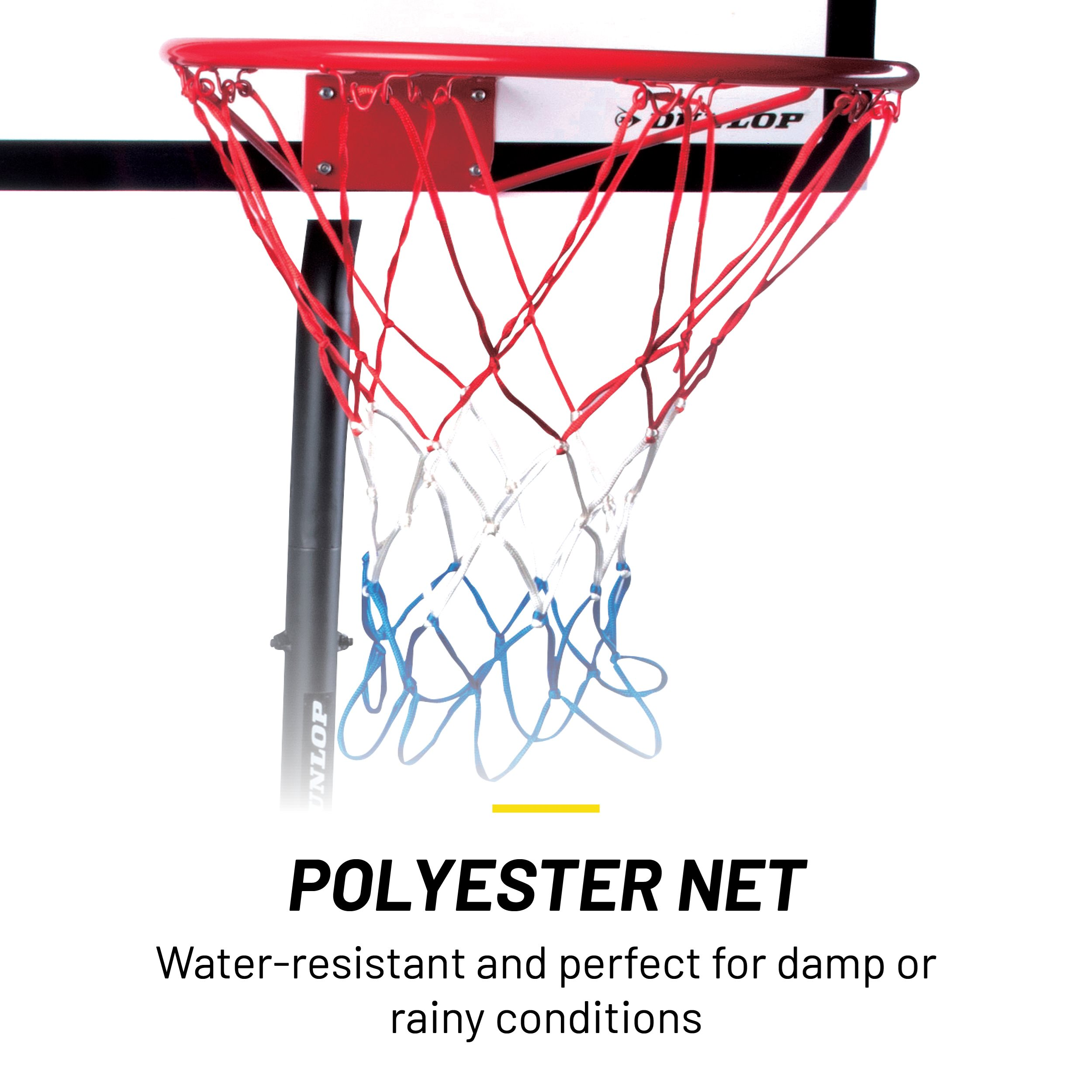 Een basketbalring met een rode rand en een wit, blauw en wit net. De tekst luidt 'POLYESTER NET' en beschrijft het als waterbestendig.