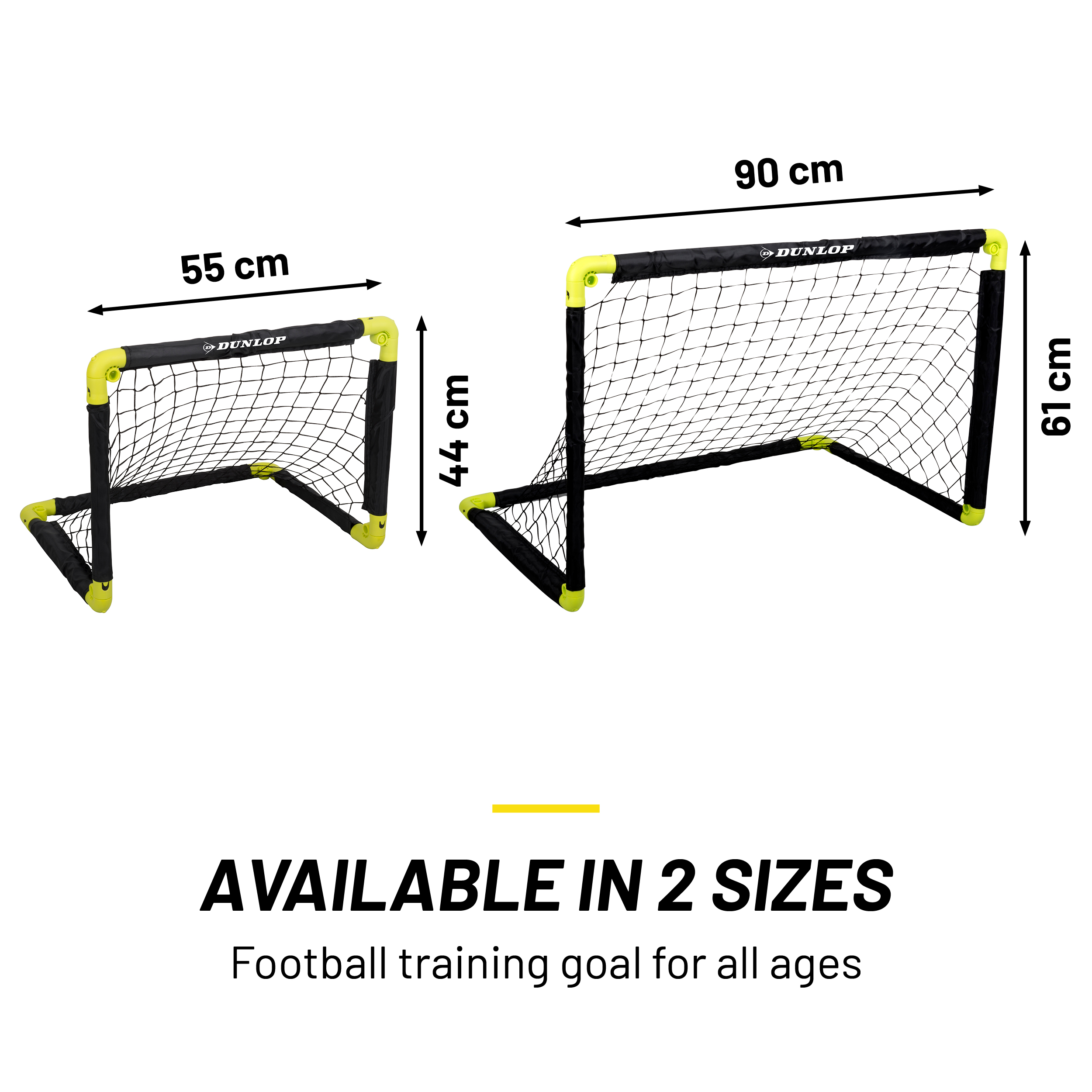 Twee voetbaldoelen met afmetingen. Tekst: Verkrijgbaar in 2 maten, voetbaltrainingsdoel voor alle leeftijden.
