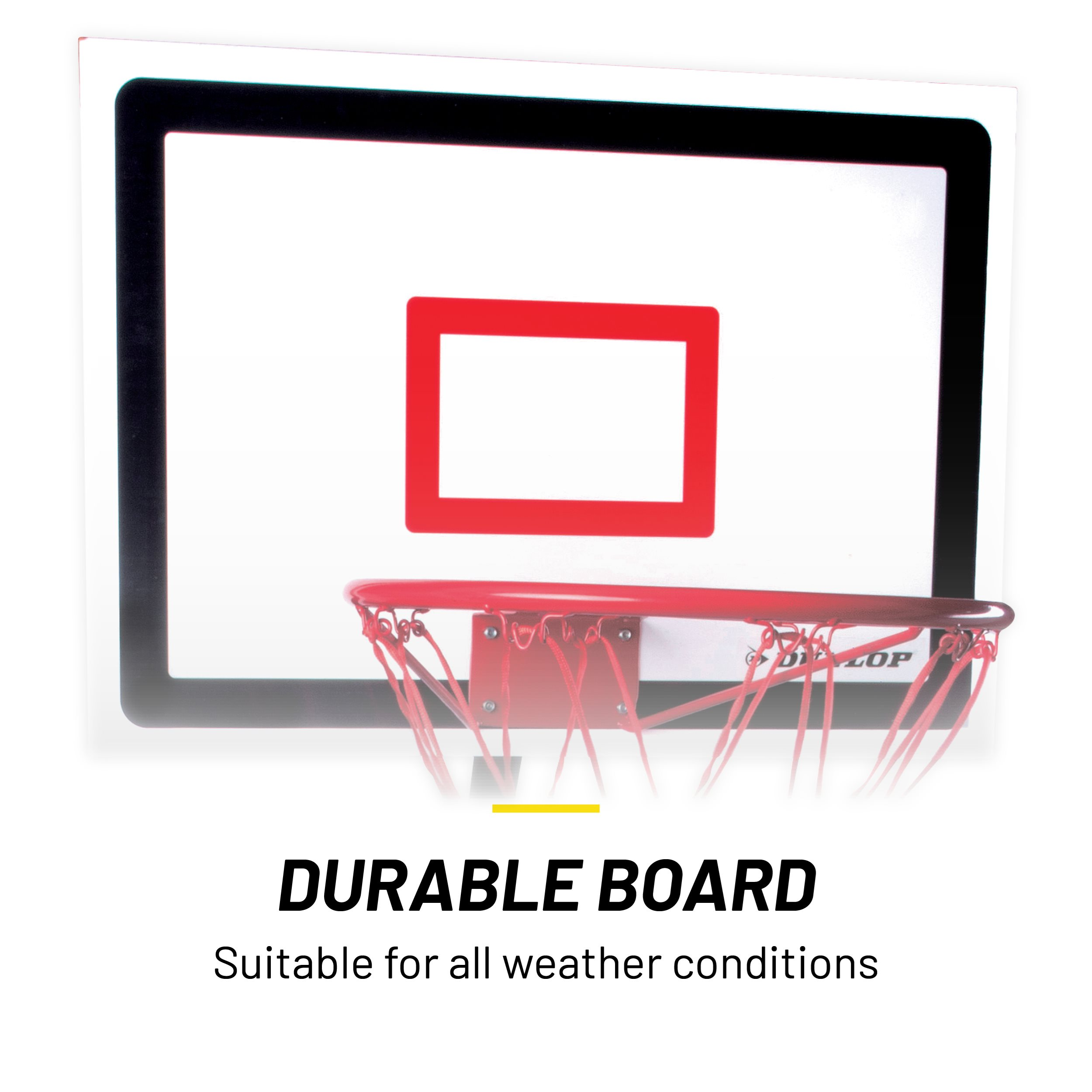 Een basketbalring, met een rode ring, net en bord. Het bord heeft een zwarte rand en een rode vierkant.