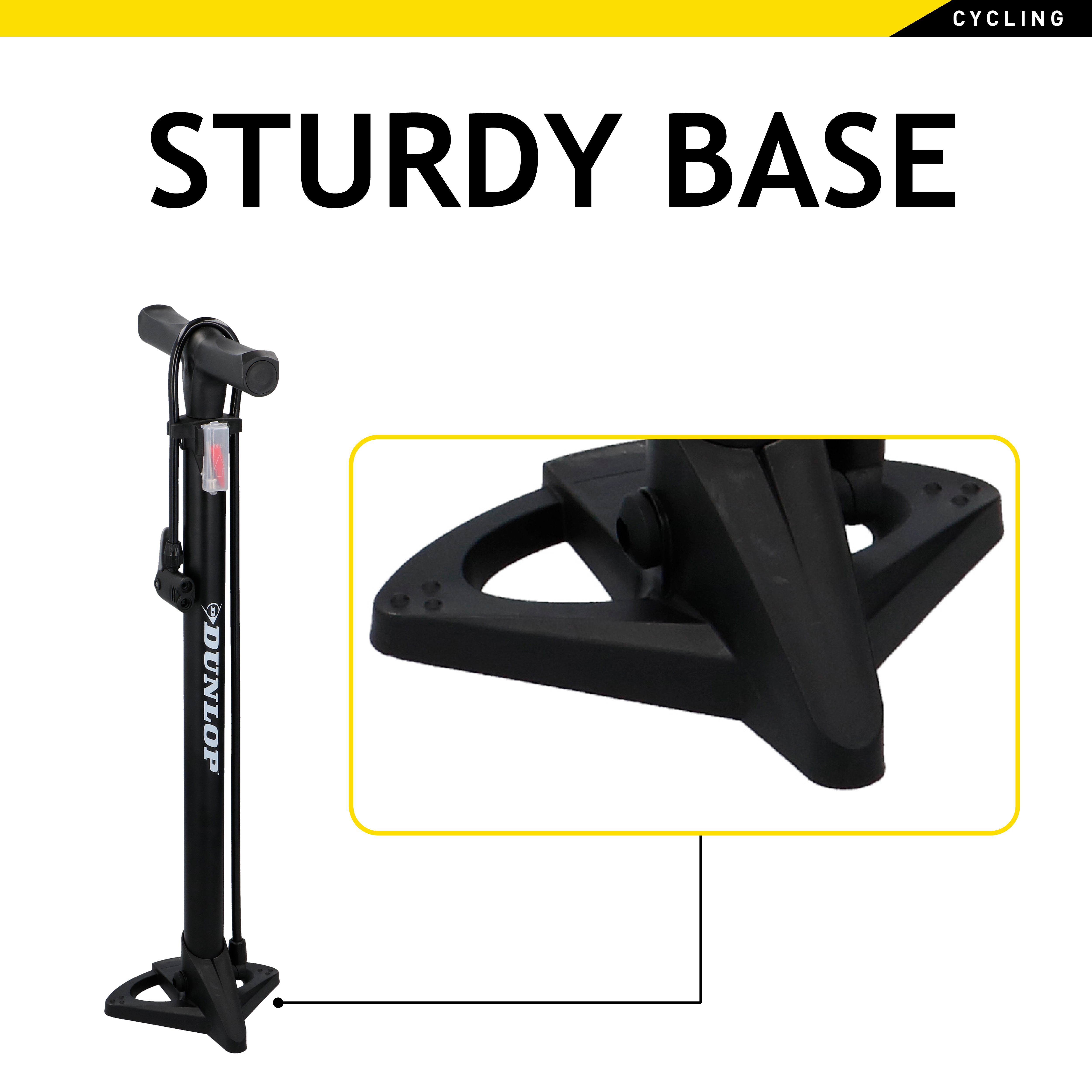 Eine schwarze Fahrradpumpe mit der Aufschrift "STURDY BASE" oben. Die Basis ist gelb hervorgehoben.