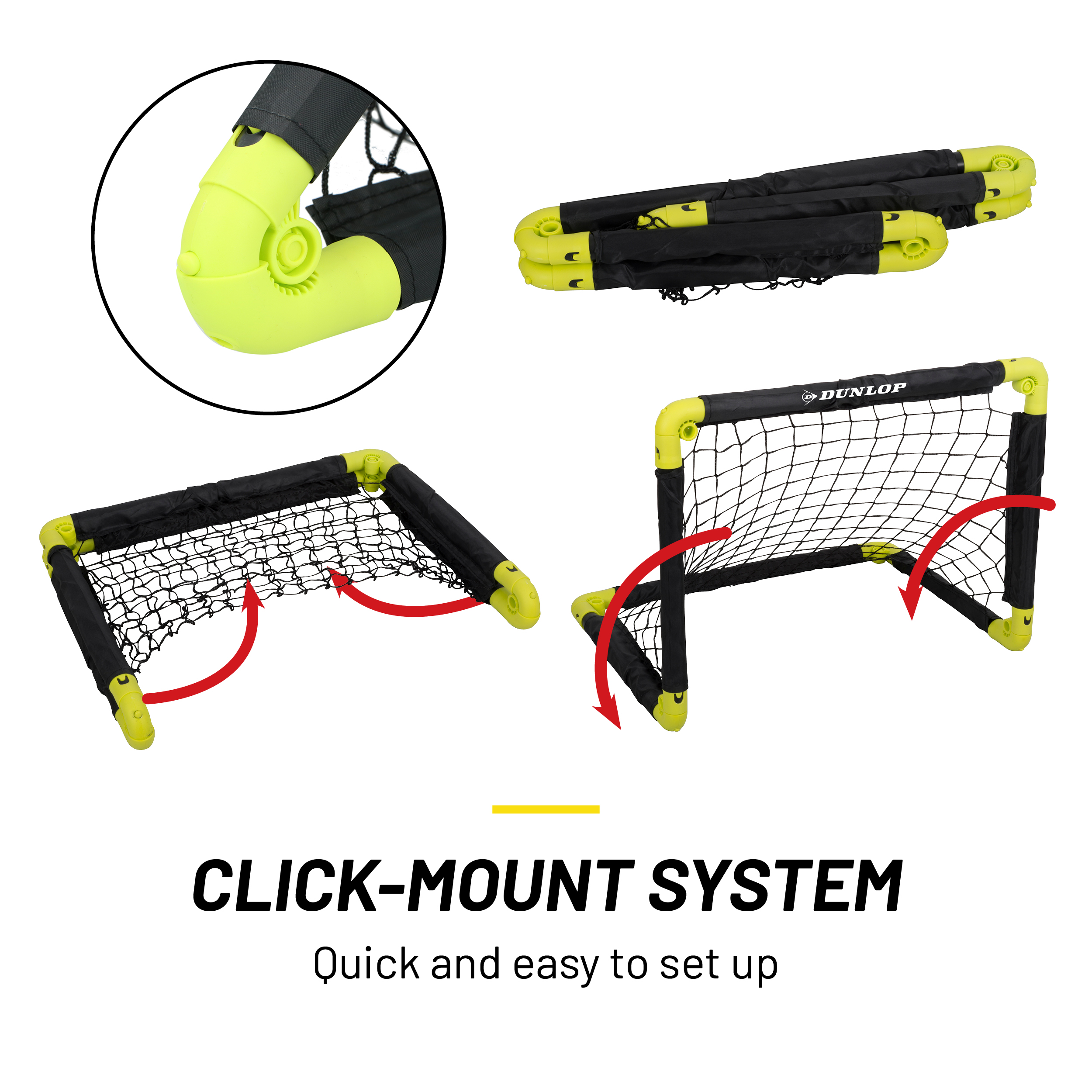 Een click-mount voetbaldoel, met een zwart net en neon groen frame. Het logo 'DUNLOP' is zichtbaar.