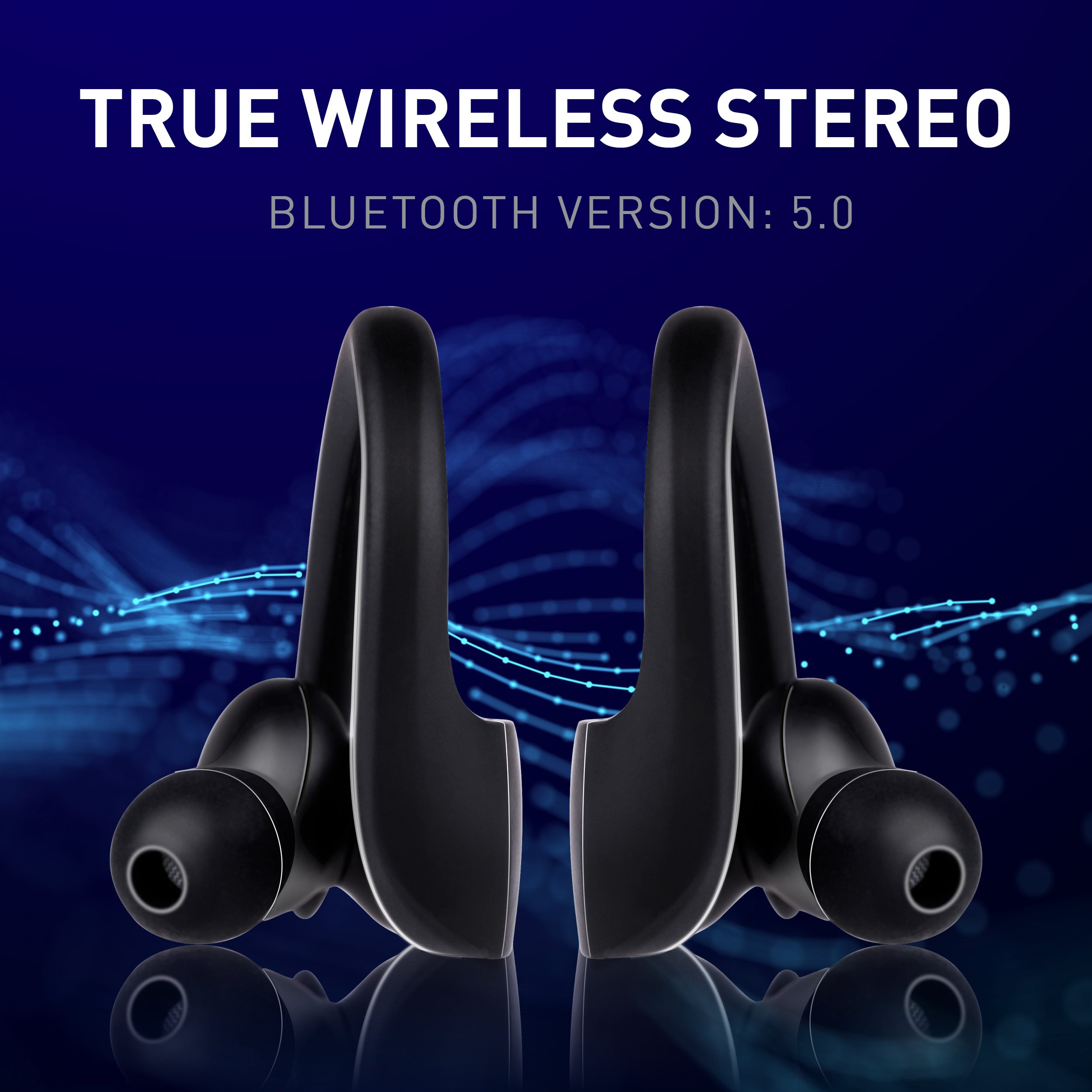 Schwarze kabellose Stereo-Ohrhörer mit blauem Hintergrund, Text lautet 'TRUE WIRELESS STEREO' und 'BLUETOOTH VERSION: 5.0'.