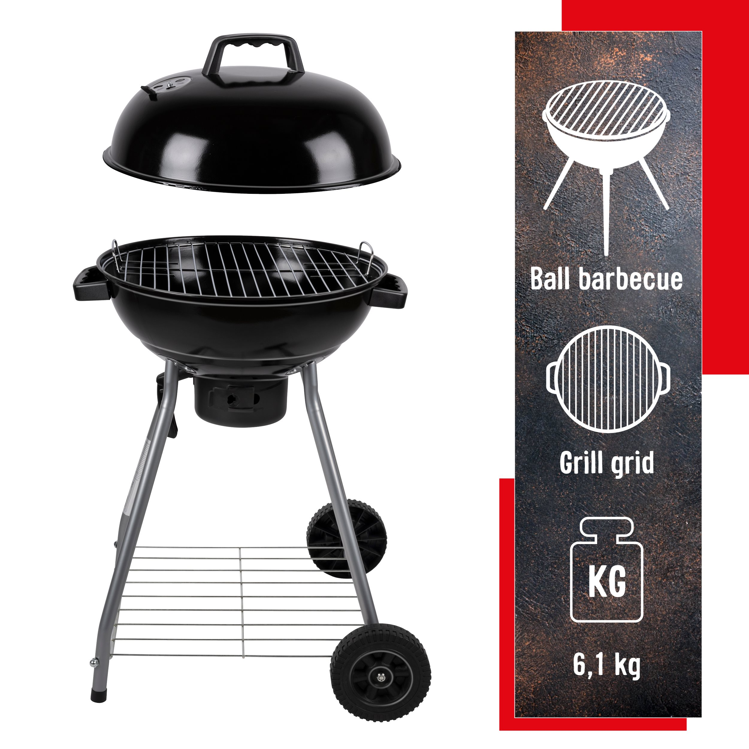 Zwarte kogelbarbecue met omhooggeklapte deksel, grill en wielen. De zijkant toont details en gewicht: 6,1 kg.