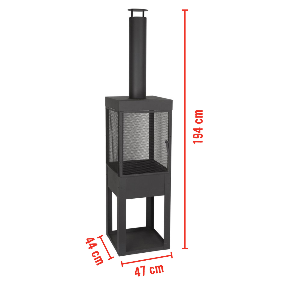 Een zwarte metalen buitenhaard wordt getoond. Afmetingen zijn aangegeven: 194 cm hoog, 47 cm breed en 44 cm diep. Gaas-zijkanten zijn zichtbaar.