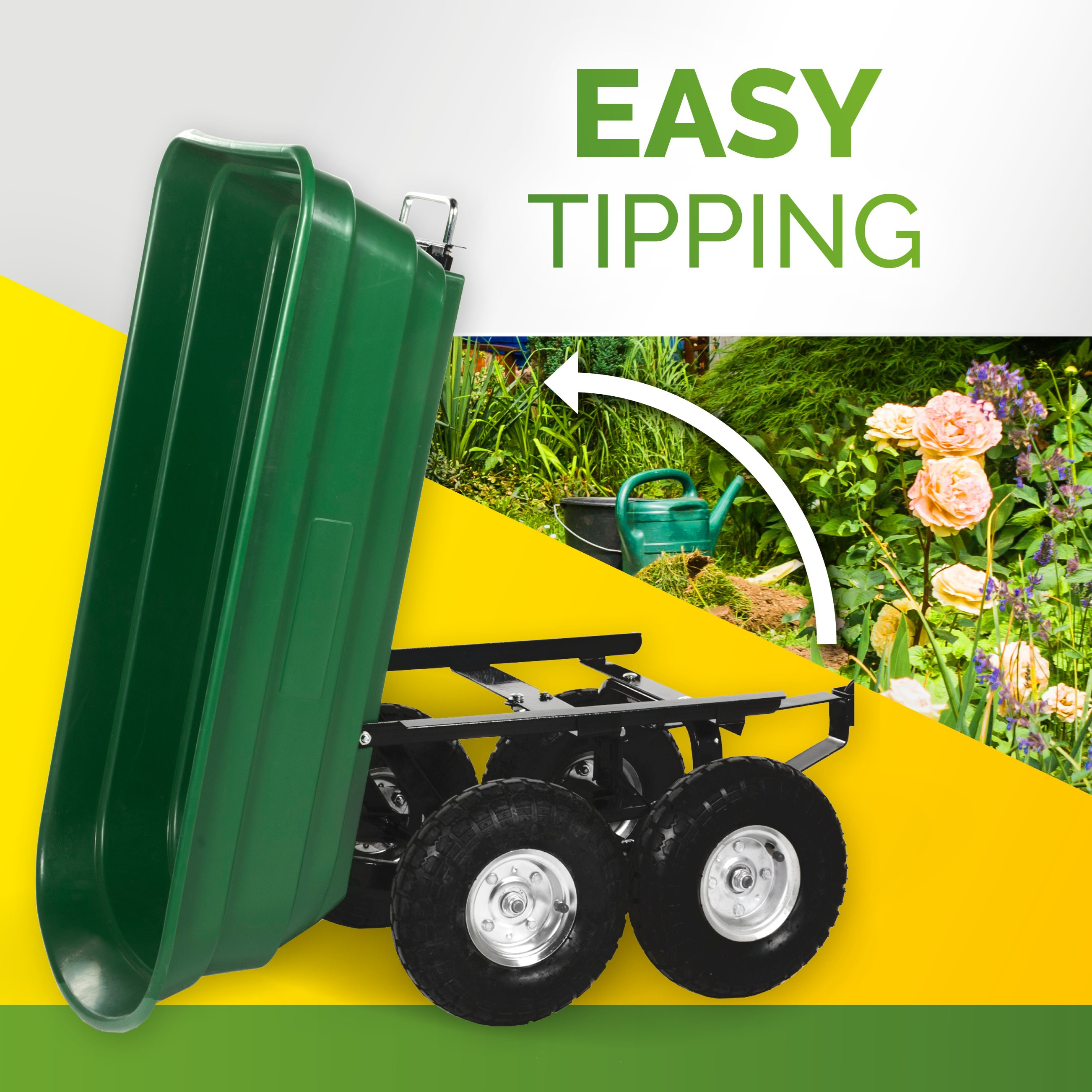 Groene tuinkar met zwarte wielen. Tekst 'EASY TIPPING' aanwezig. Achtergrond toont tuin met bloemen en groen.