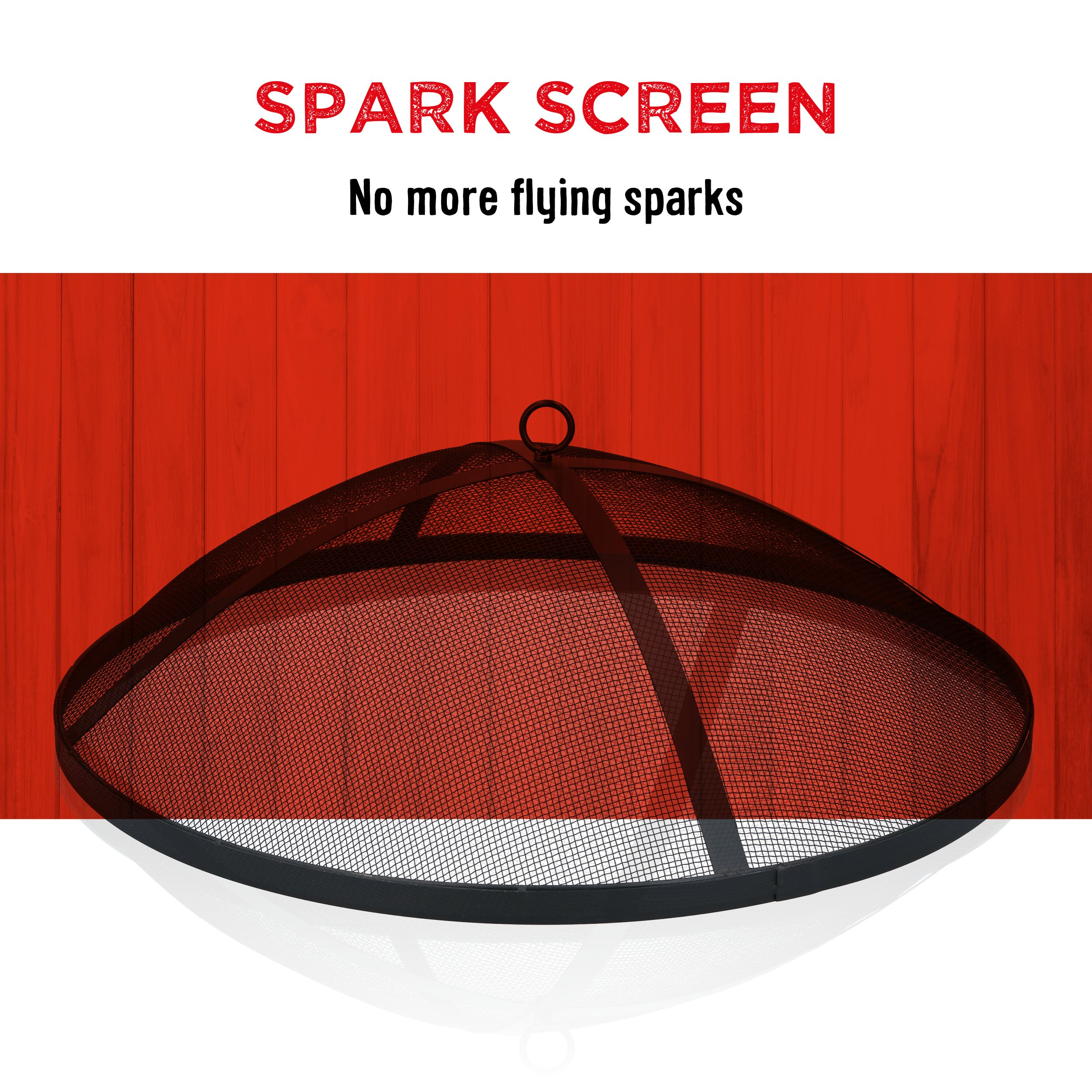 Een zwart vonkenscherm over een rode houten achtergrond. Tekst luidt: 'SPARK SCREEN, Geen rondvliegende vonken meer'.
