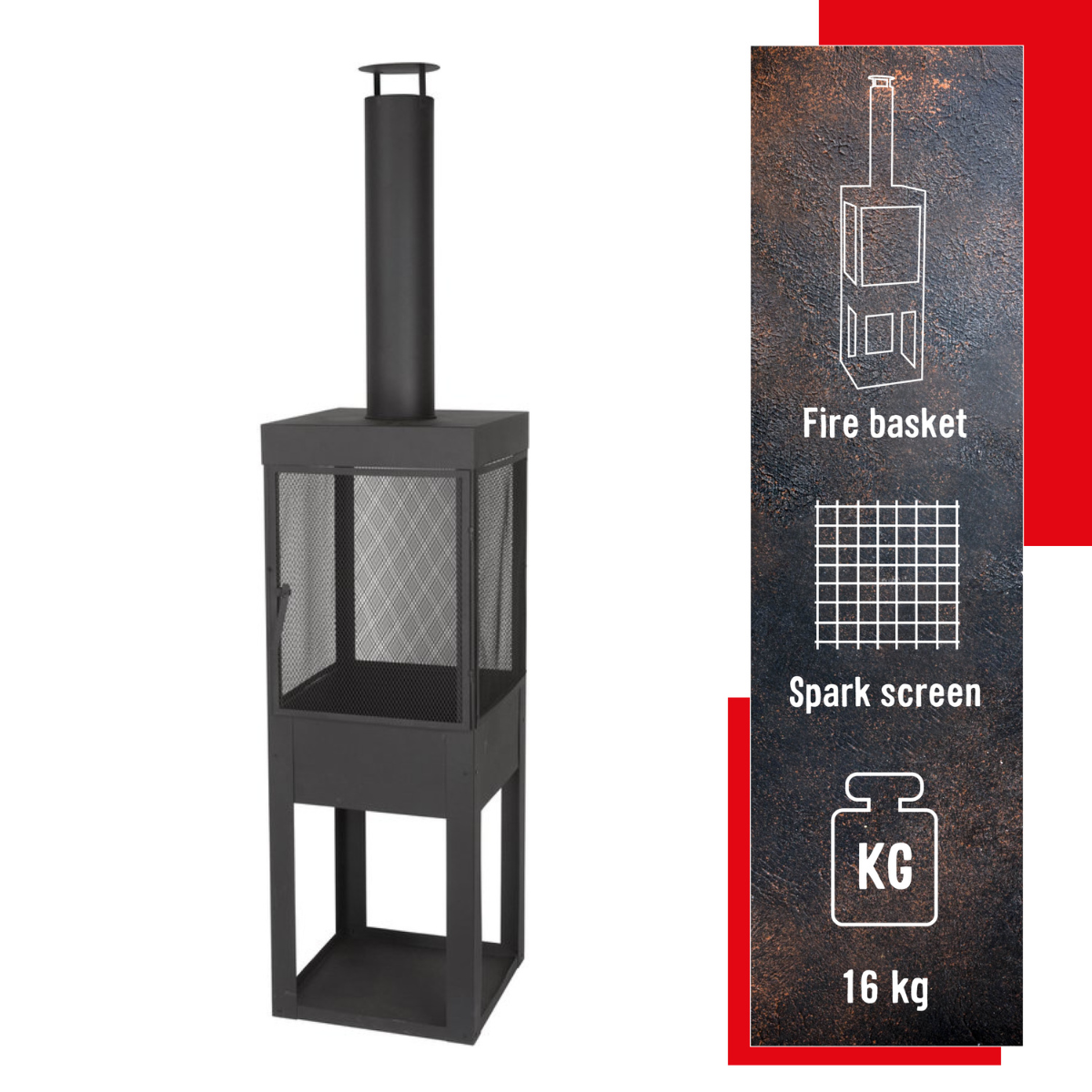 Een zwarte buitenhaard met schoorsteen, gaas, en een deur. Details: vuurkorf, vonkenscherm, en weegt 16 kg.